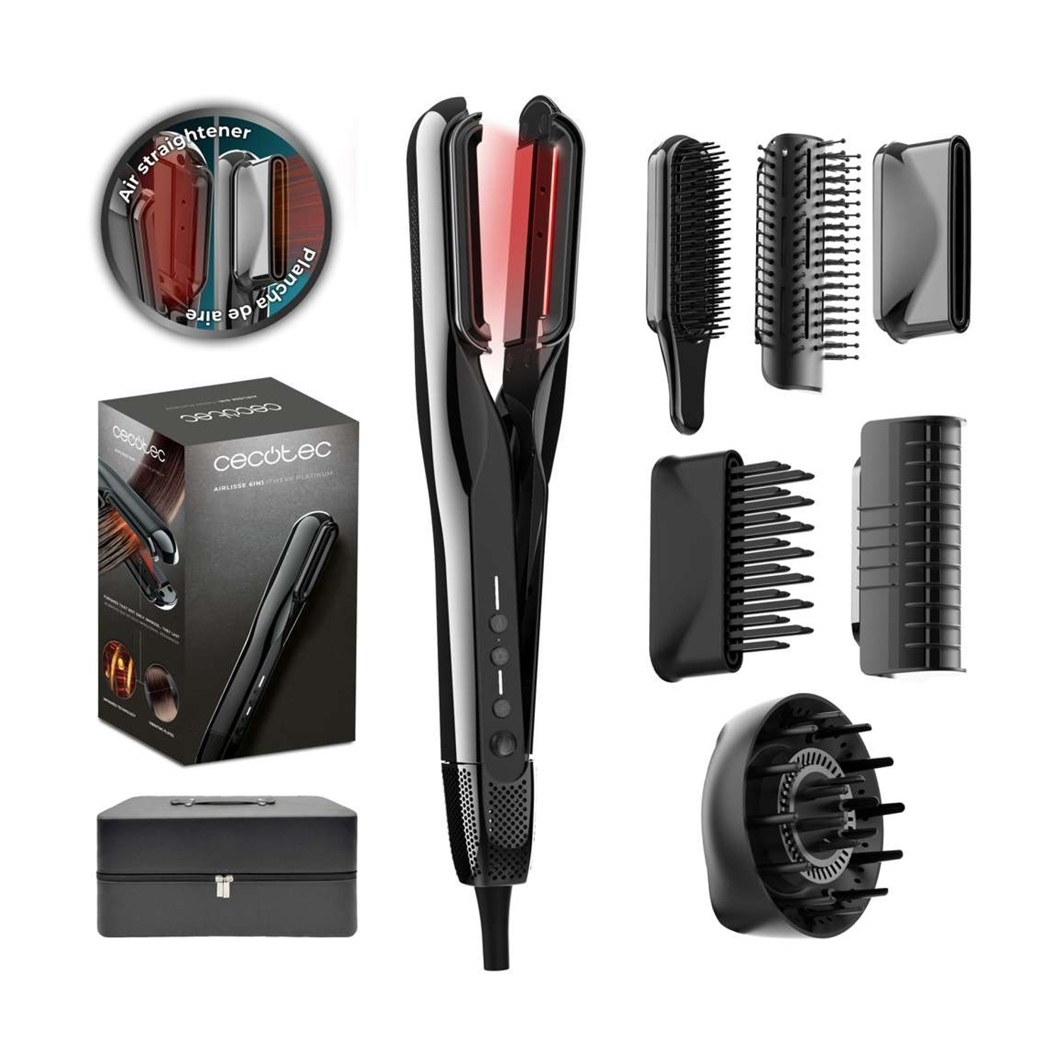Un ferro per capelli multifunzione nero con vari accessori intercambiabili, scatola e custodia.