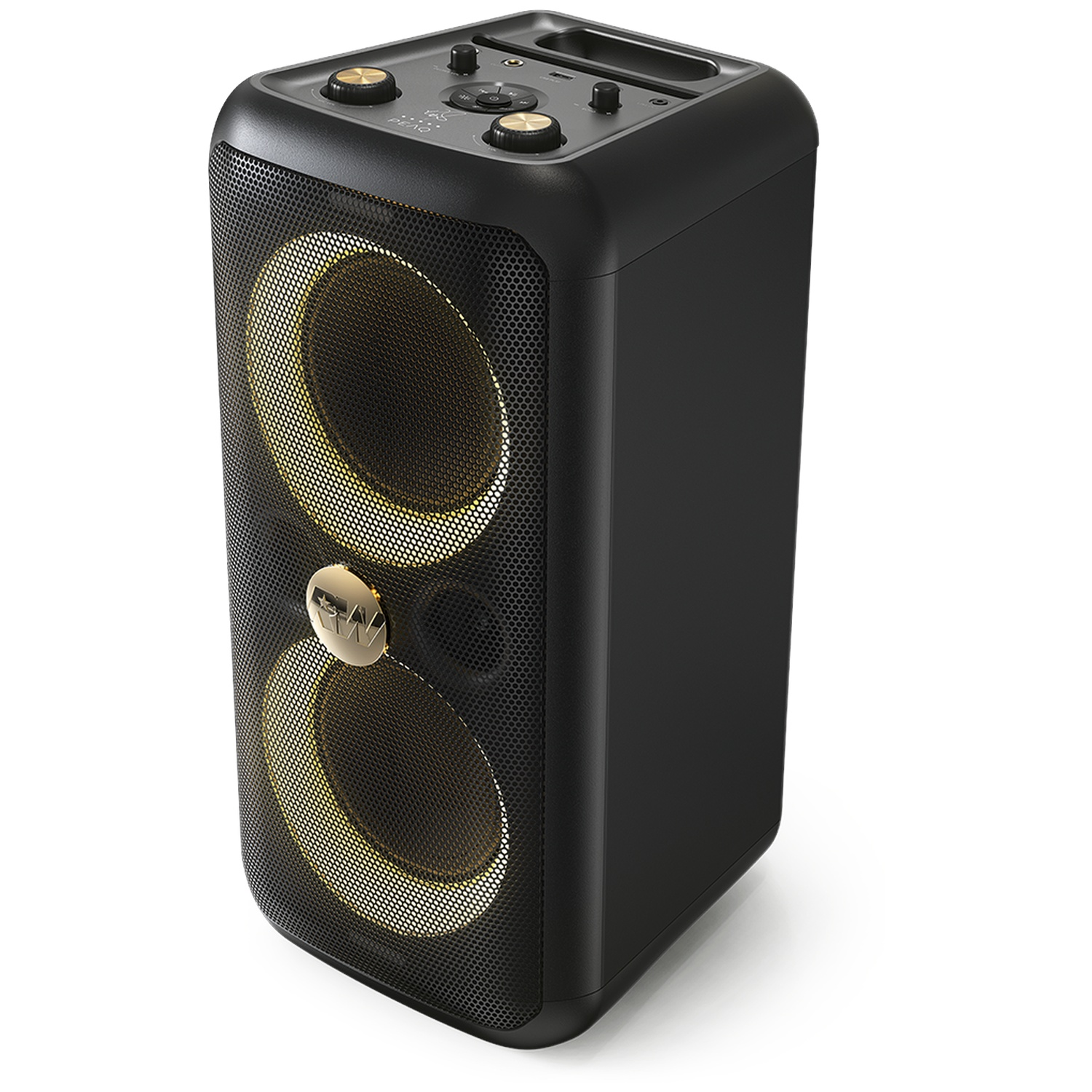 Zwarte Bluetooth-speaker met twee oplichtende drivers en gouden knoppen.