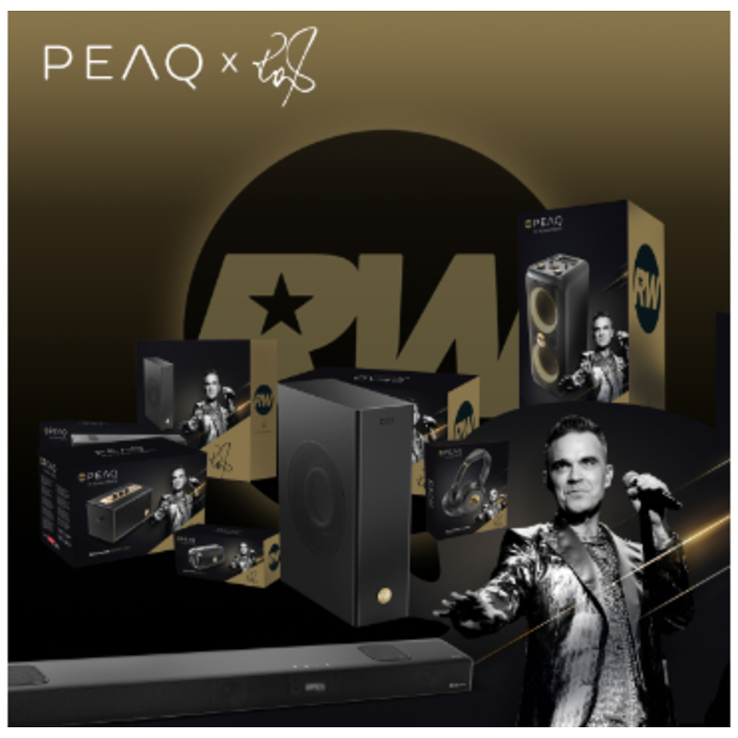 Promotiebeeld met PEAQ en Robbie Williams, met zwarte audioapparatuur en luidsprekers op een goudkleurige achtergrond.