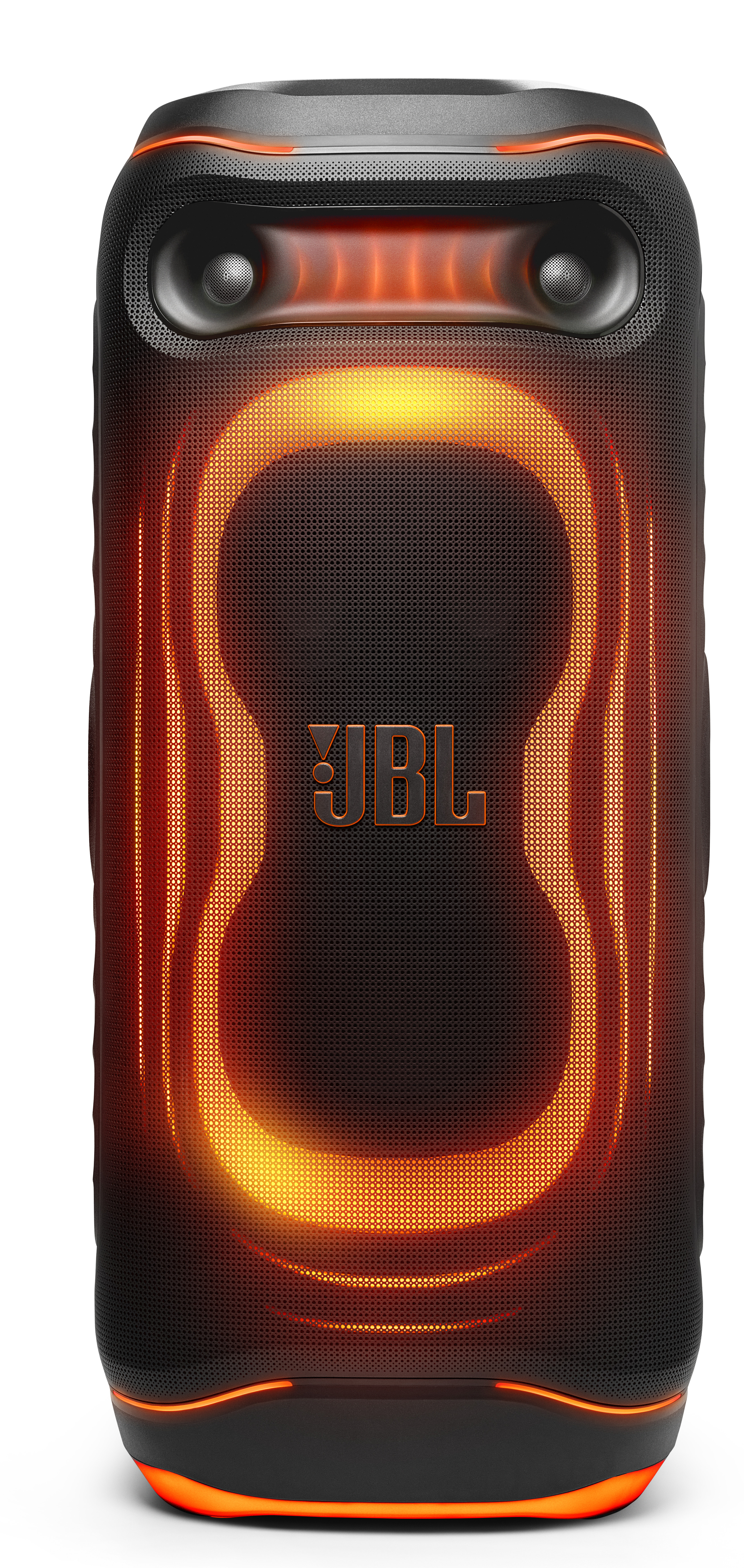 Czarny głośnik imprezowy JBL z jasnymi, pomarańczowymi światłami LED i widocznym logo JBL z przodu.
