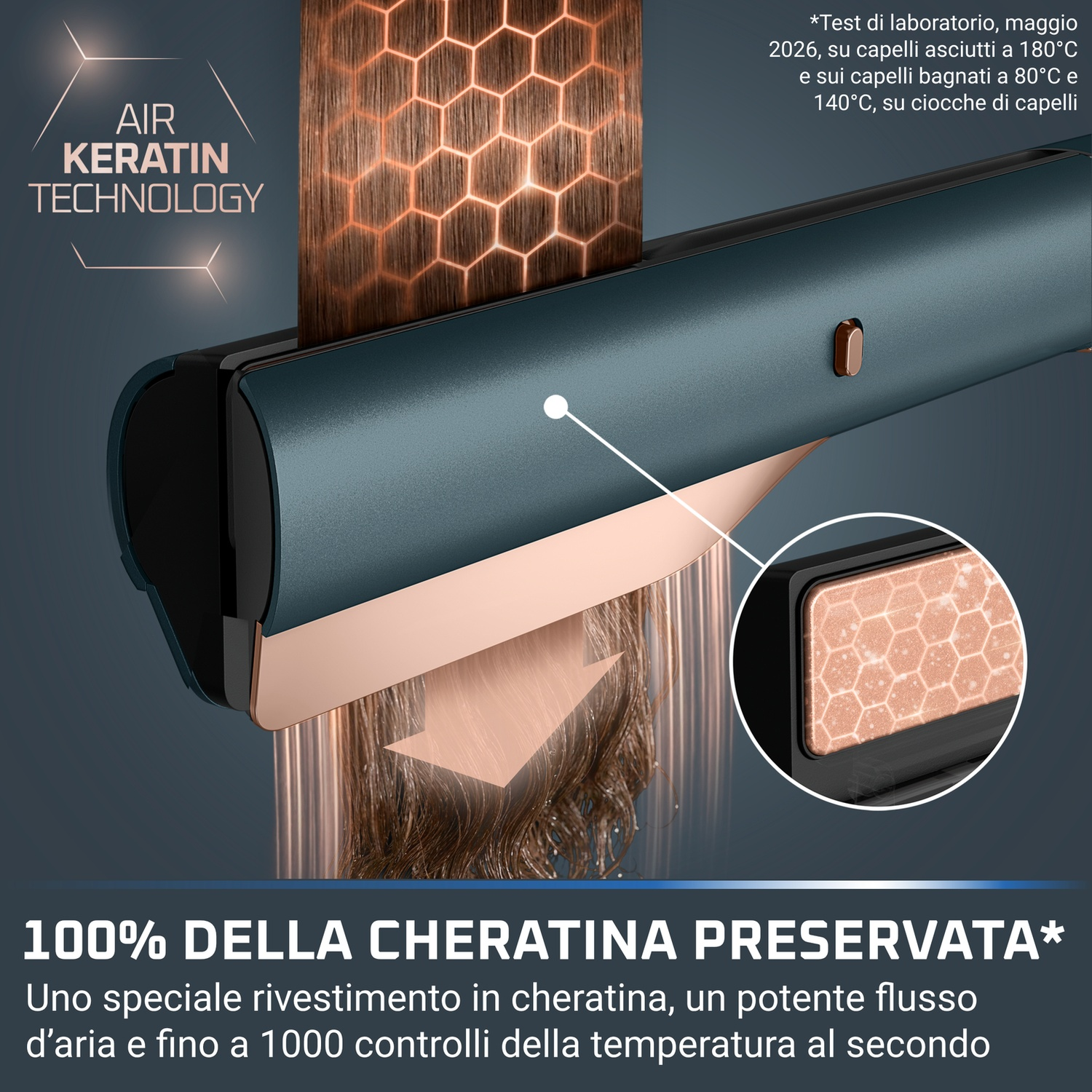 Piastra per capelli con tecnologia ad aria, rivestimento in cheratina e controllo termico.