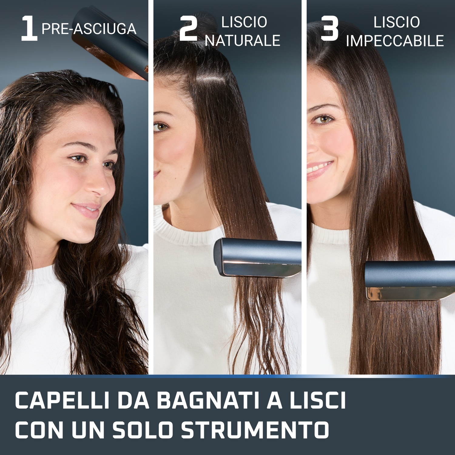 Tre fasi mostrano capelli bagnati lisciati con un solo strumento.