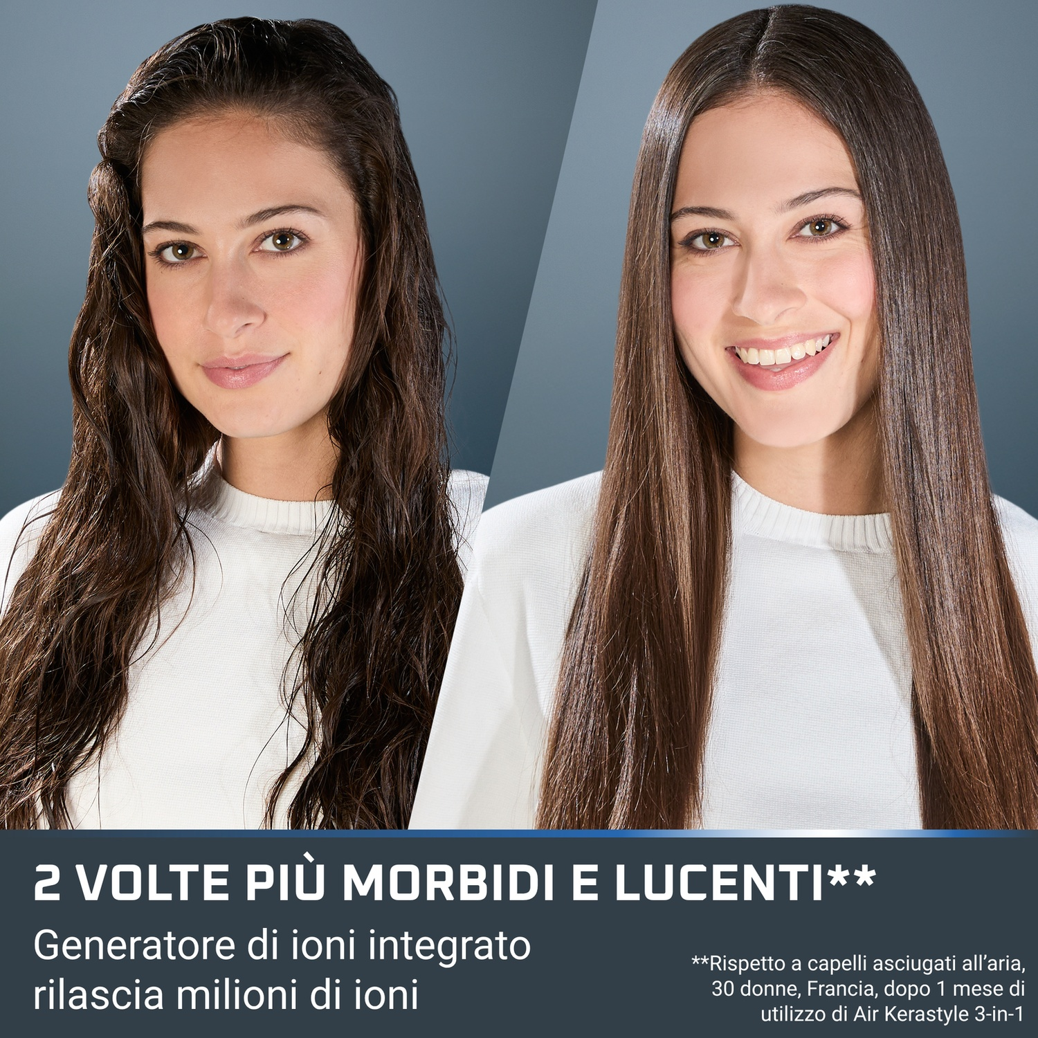Confronto prima e dopo di una donna con capelli mossi bagnati e poi lisci con maglione bianco.