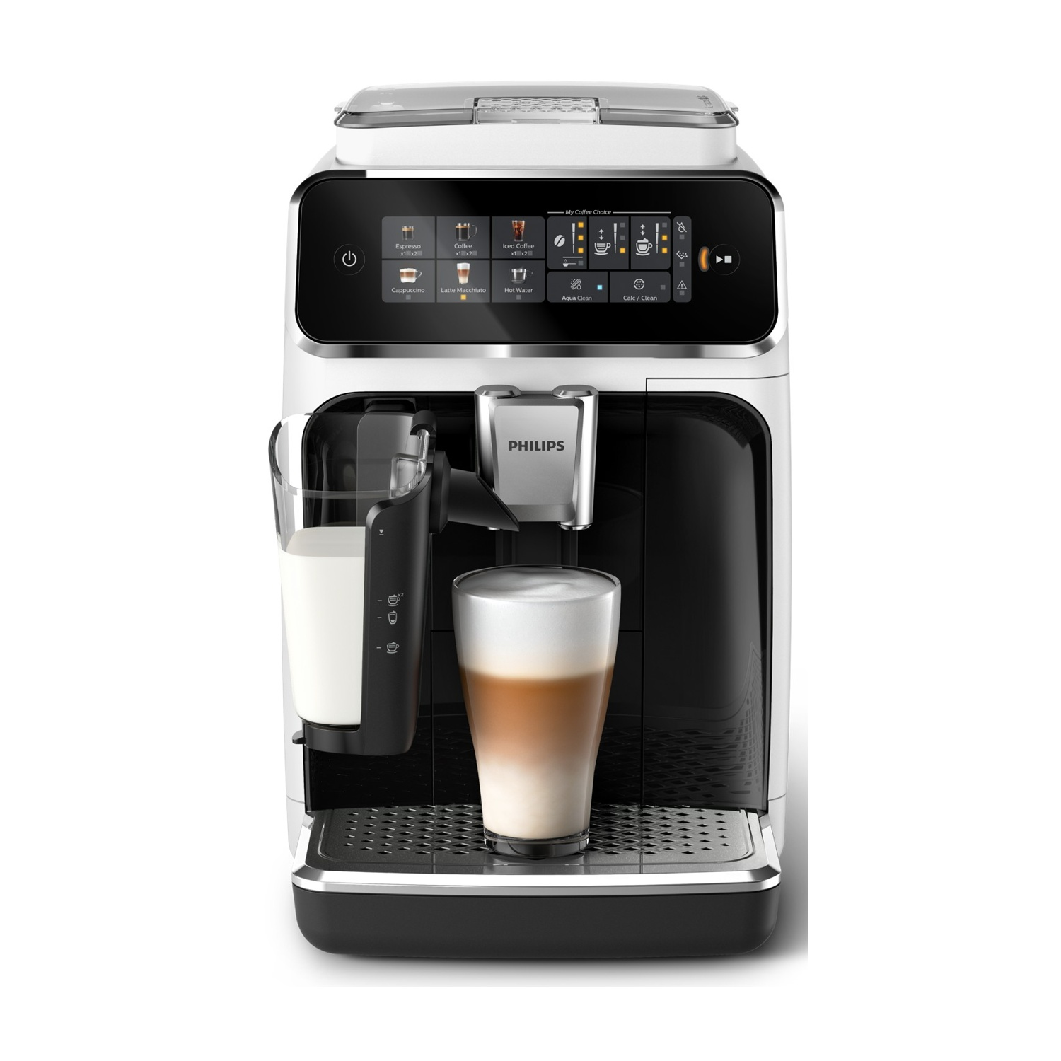 Macchina da caffè automatica Philips bianca con contenitore del latte e bicchiere di latte macchiato.