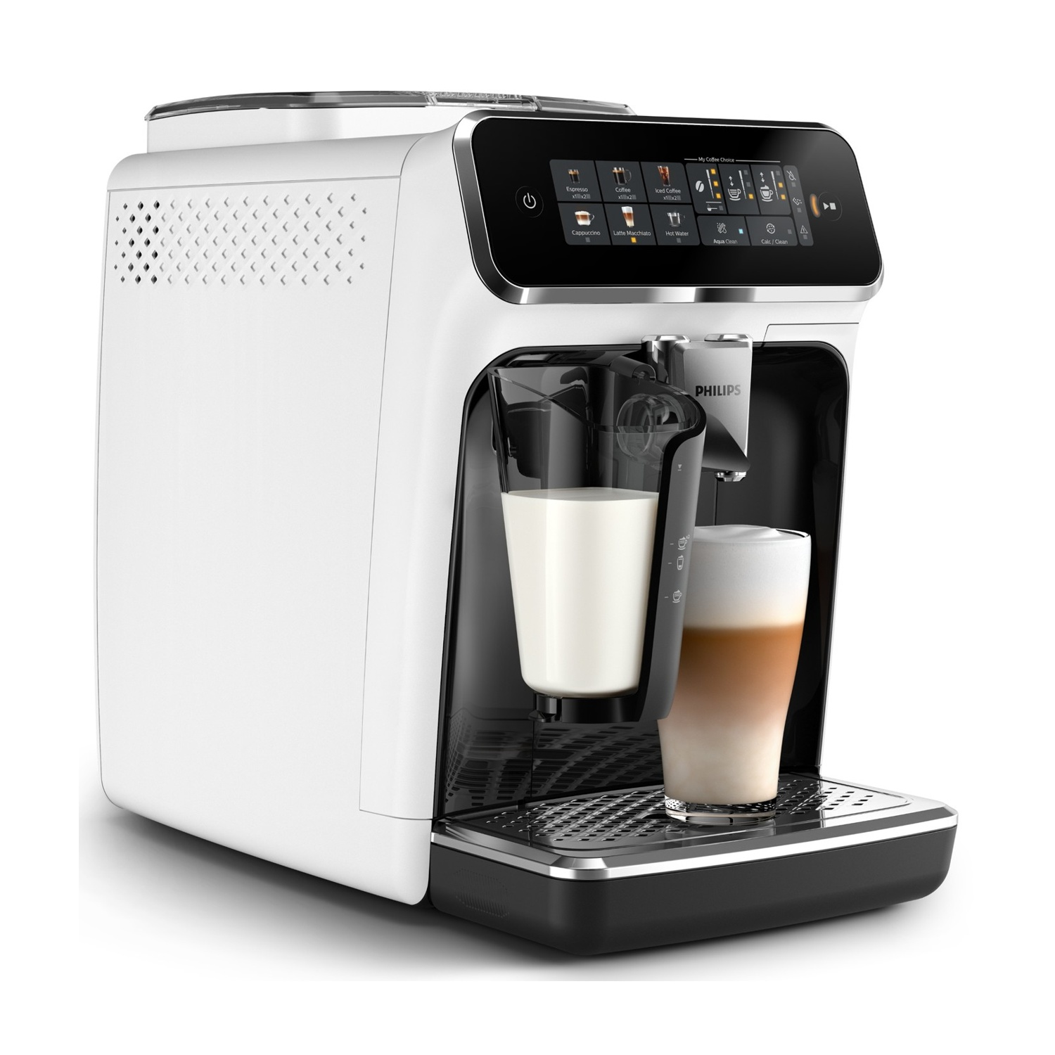Una macchina da caffè automatica Philips bianca con caraffa per il latte e bicchiere di latte macchiato su sfondo bianco.