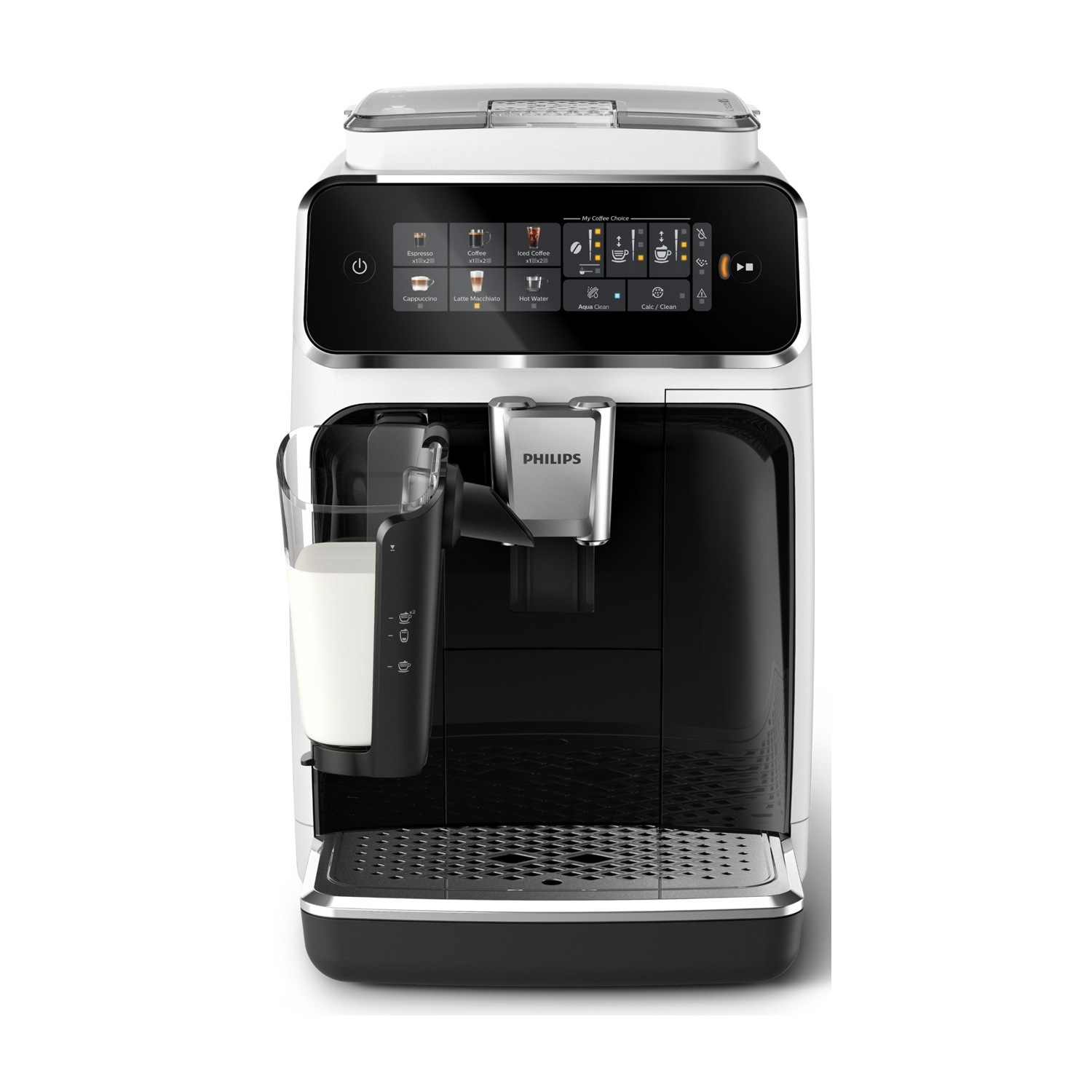 Una moderna macchina da caffè Philips bianca e nera con display touch digitale e caraffa per il latte.
