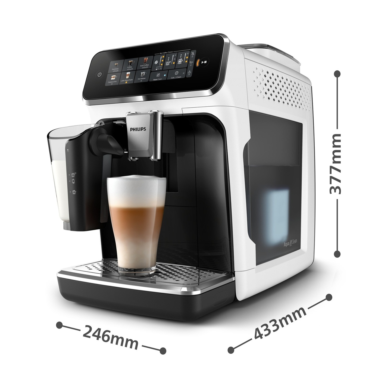 Macchina da caffè automatica bianca Philips con caraffa per il latte, bicchiere di latte macchiato e dimensioni.