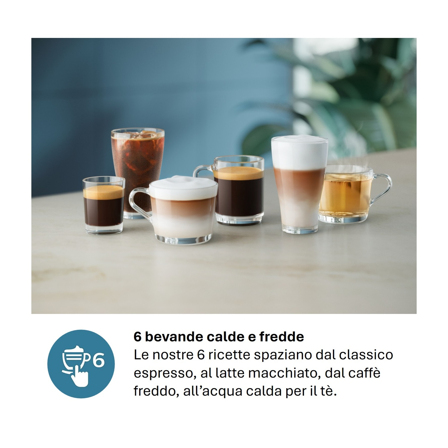 Sei diverse specialità di caffè e bevande in bicchieri su un tavolo.