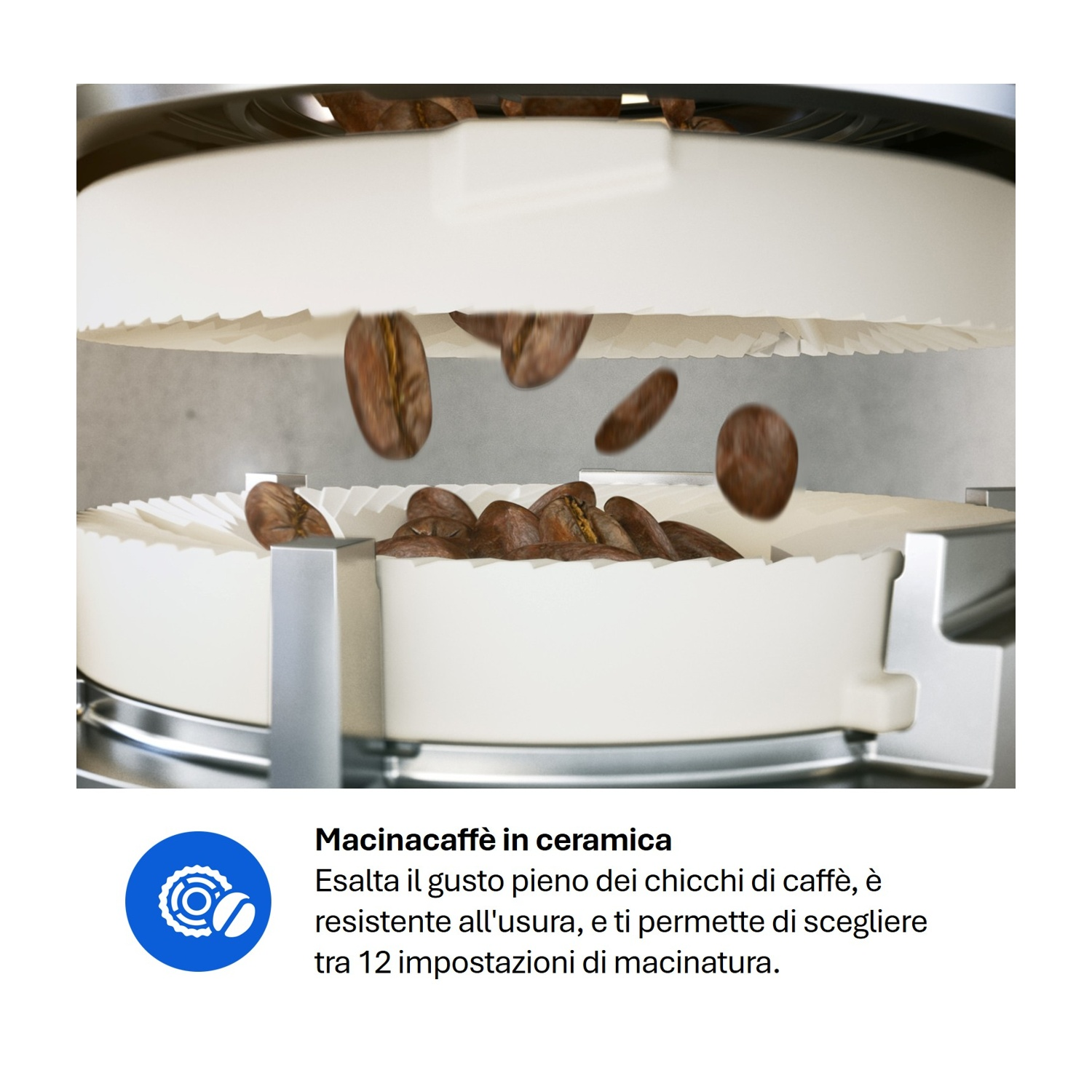 Macinacaffè in ceramica con chicchi che cadono tra dischi bianchi, accompagnato da testo in italiano.