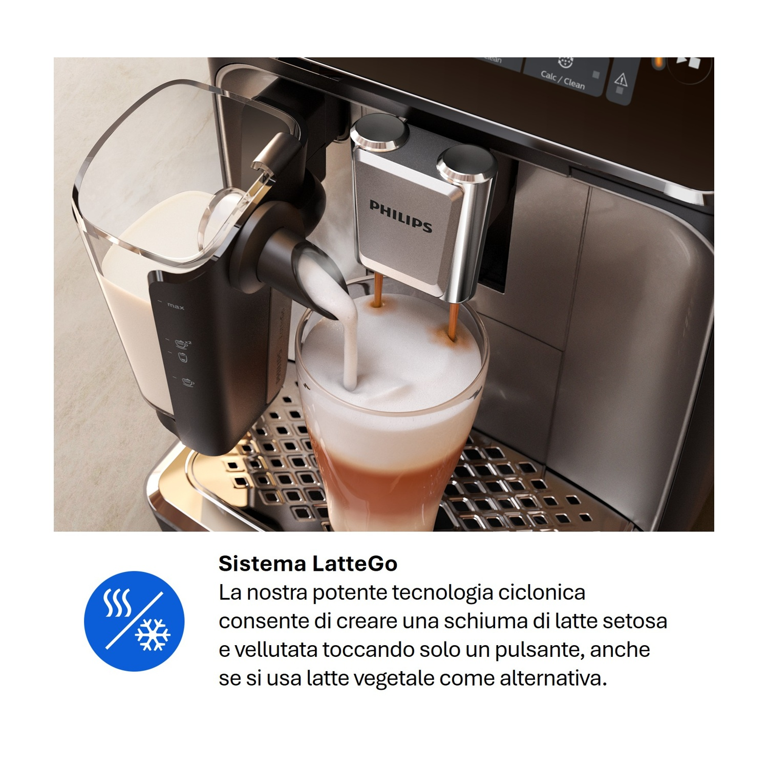 Una macchina da caffè Philips versa latte e caffè in un bicchiere, con testo sul sistema LatteGo.