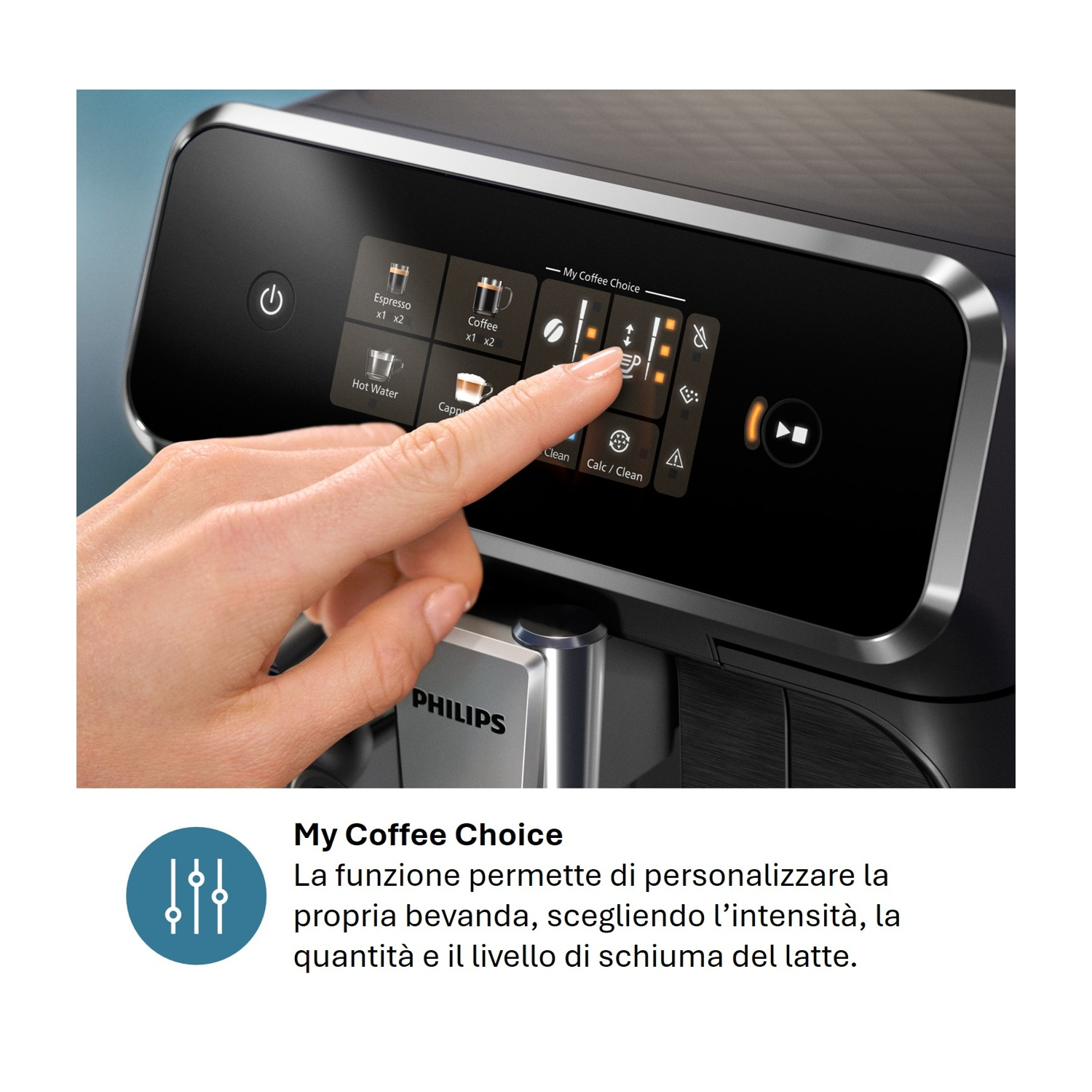 Un dito tocca il touchscreen di una macchina da caffè Philips per selezionare le opzioni.