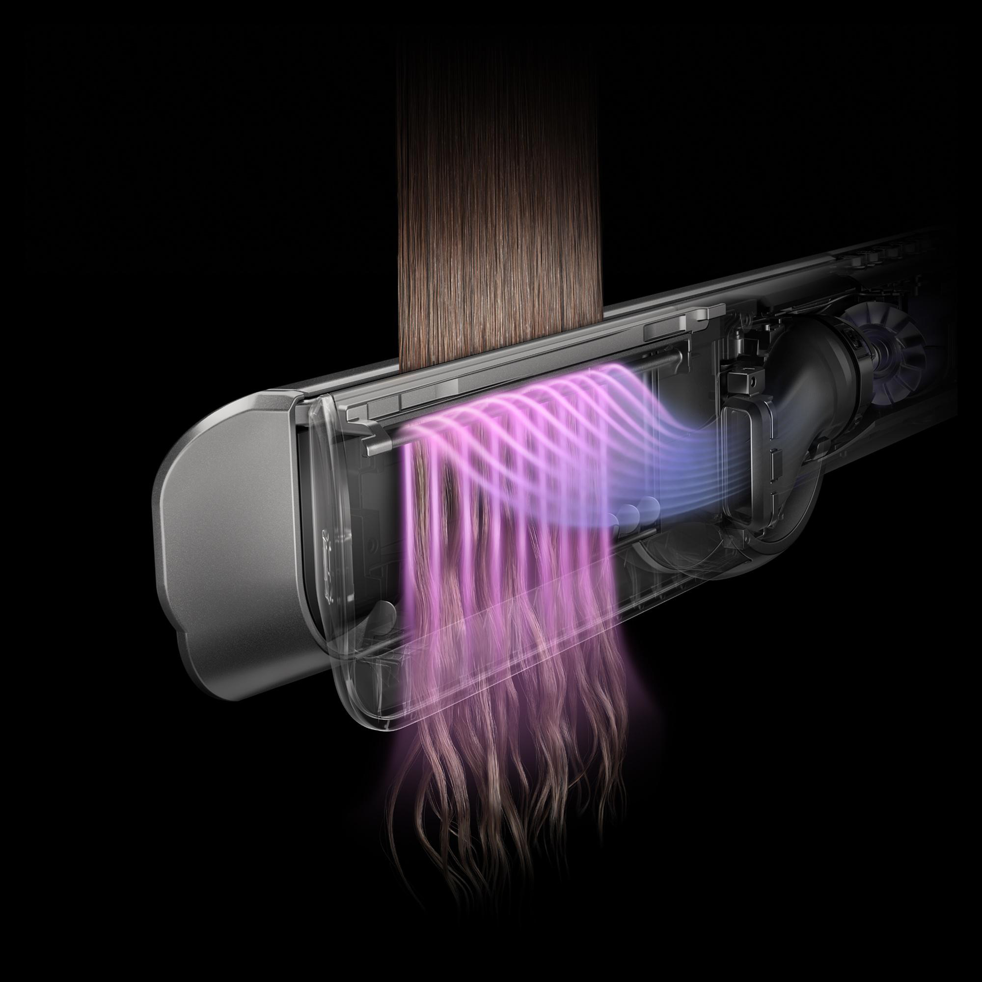 Querschnitt eines Haarstylers mit violettem Luftstrom, der braunes Haar glättet.
