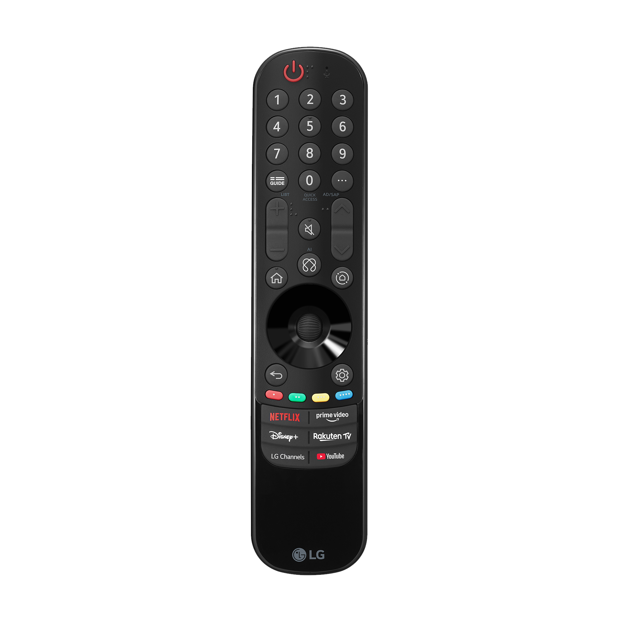 Control remoto negro de LG con números, navegación circular y botones de streaming sobre fondo negro.