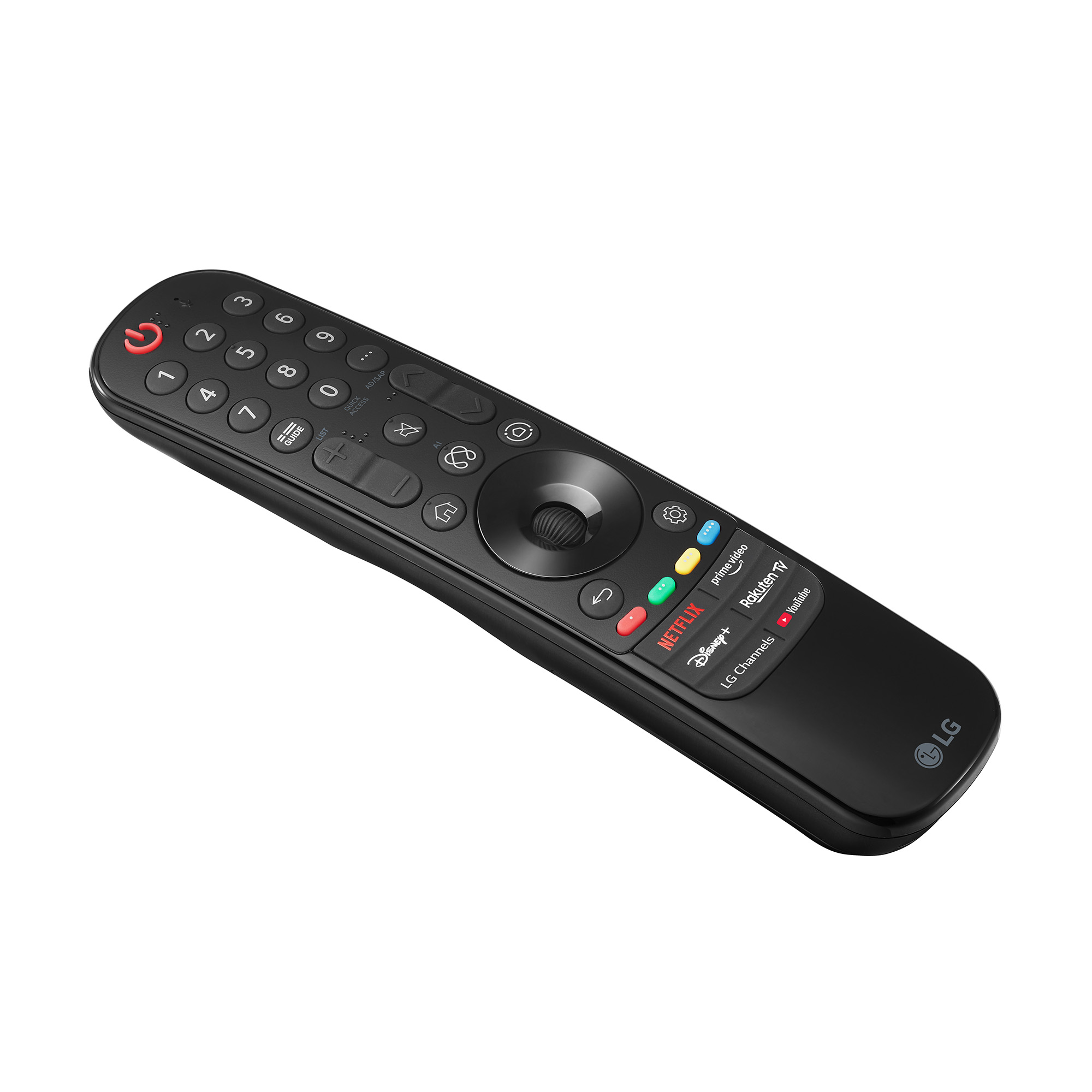 Control remoto negro de LG con botones, rueda de desplazamiento y botones de aplicaciones.
