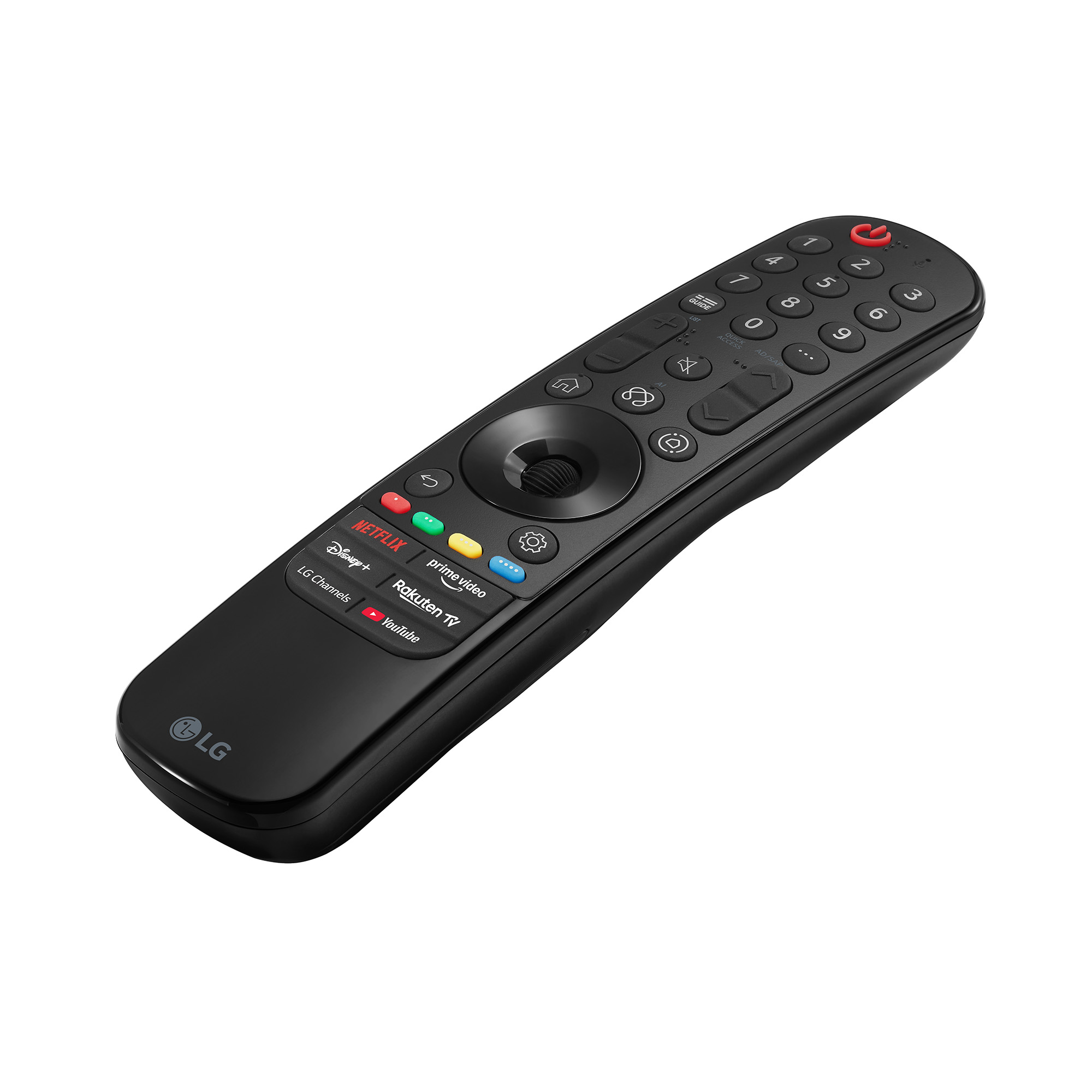 Mando a distancia negro LG Magic Remote con botones de streaming y rueda de desplazamiento.
