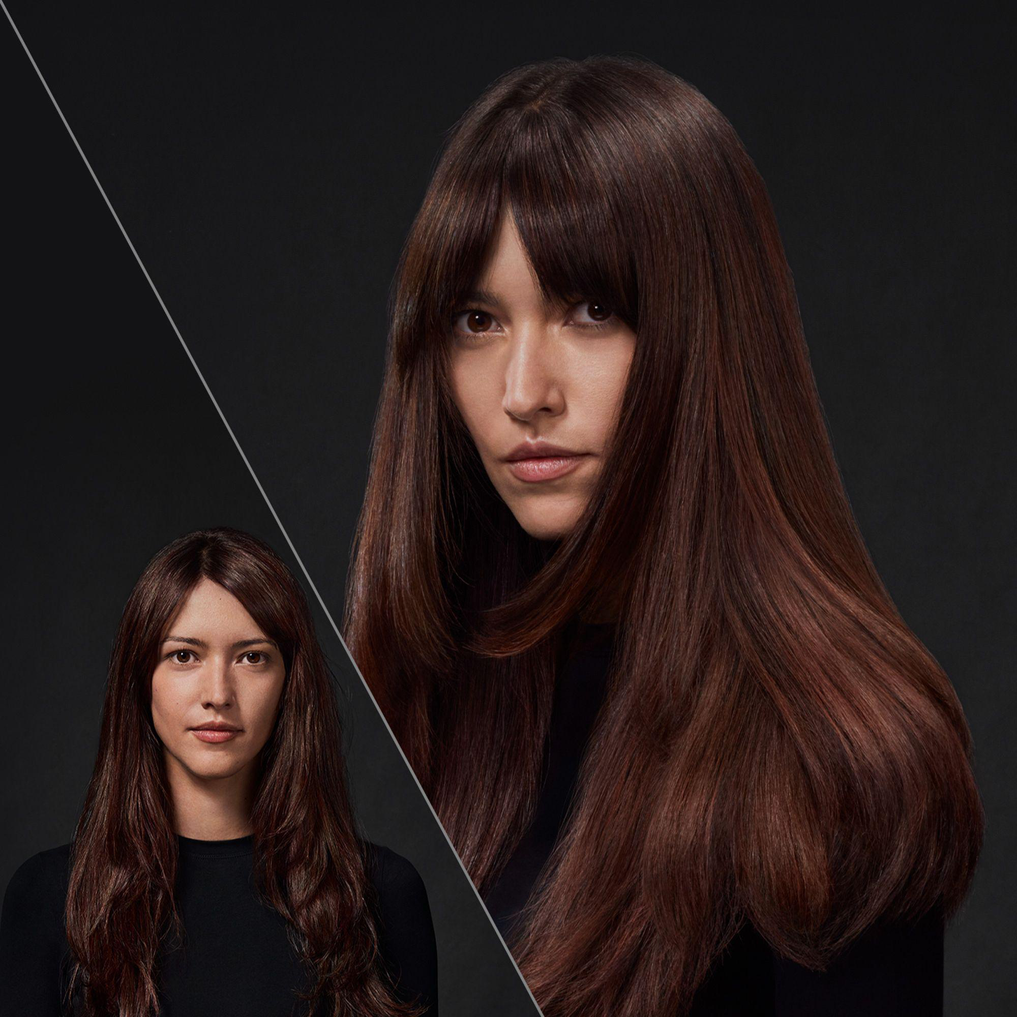 Vergleich zweier Frisuren einer Frau vor dunklem Hintergrund.