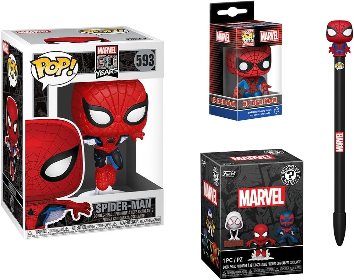 Figura Funko Pop! - Funko Pack Marvel Comics: Spider-Man + Llavero + Pop Misterioso + Bolígrafo, 9 cm, Vinilo