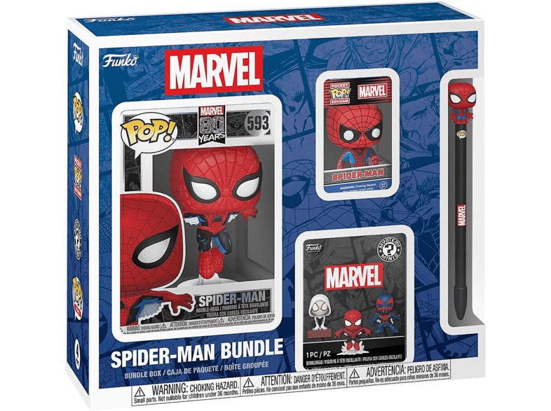 Figura Funko Pop! - Pack Marvel Comics: Spider-Man + Llavero Pop Misterioso Bolígrafo, 9 cm, Vinilo