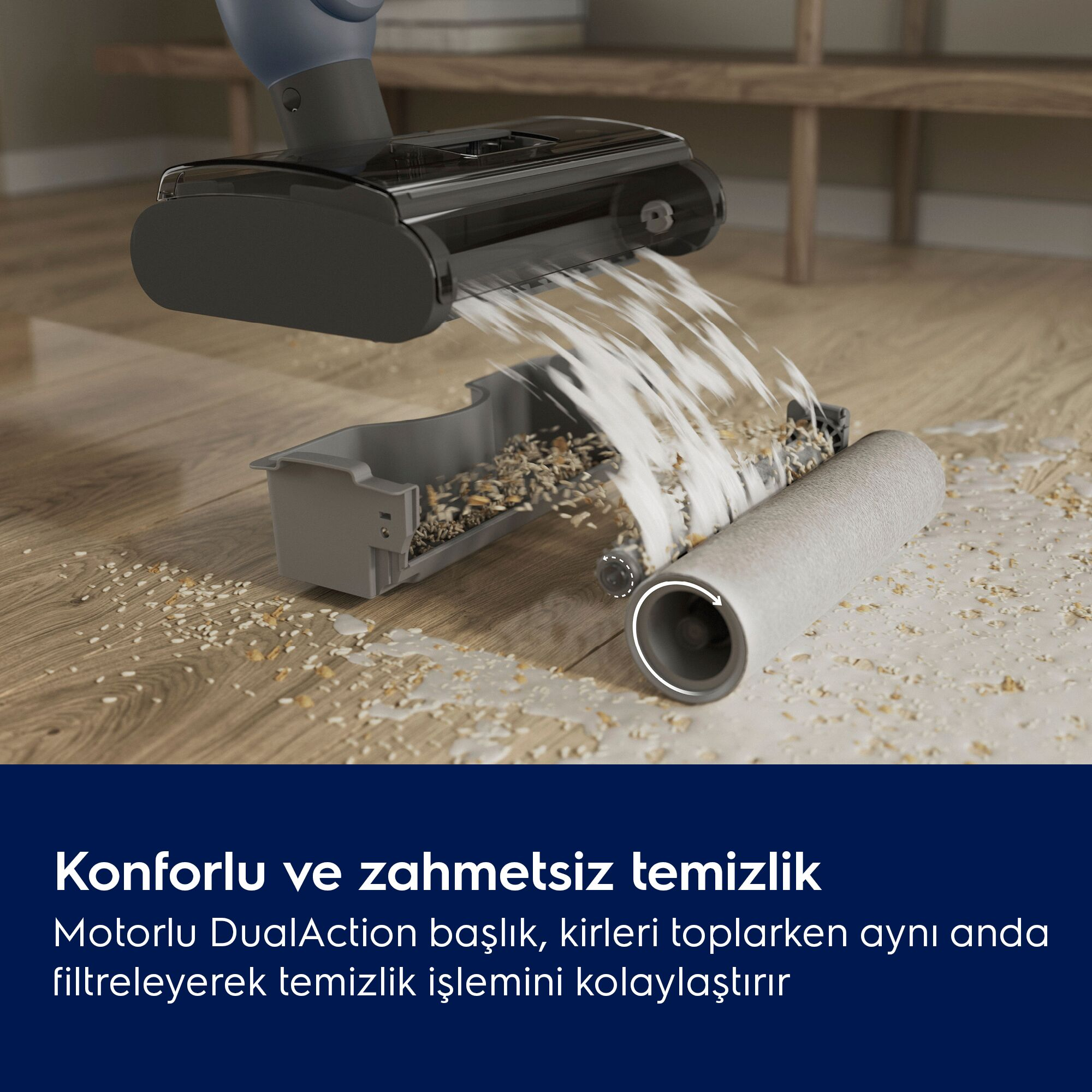 Ahşap zemindeki sıvı ve kirleri süpürge başlığı ayrıştırarak hazneye topluyor, altta Türkçe metin var.