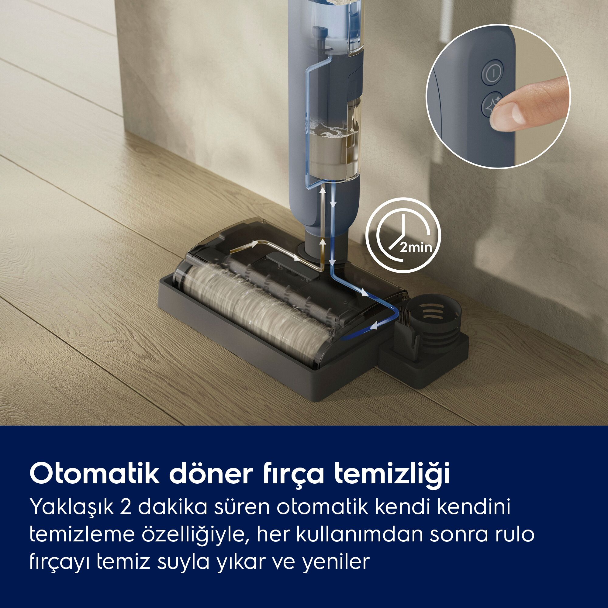 Su akış şemasıyla gösterilen otomatik döner fırça temizliği.