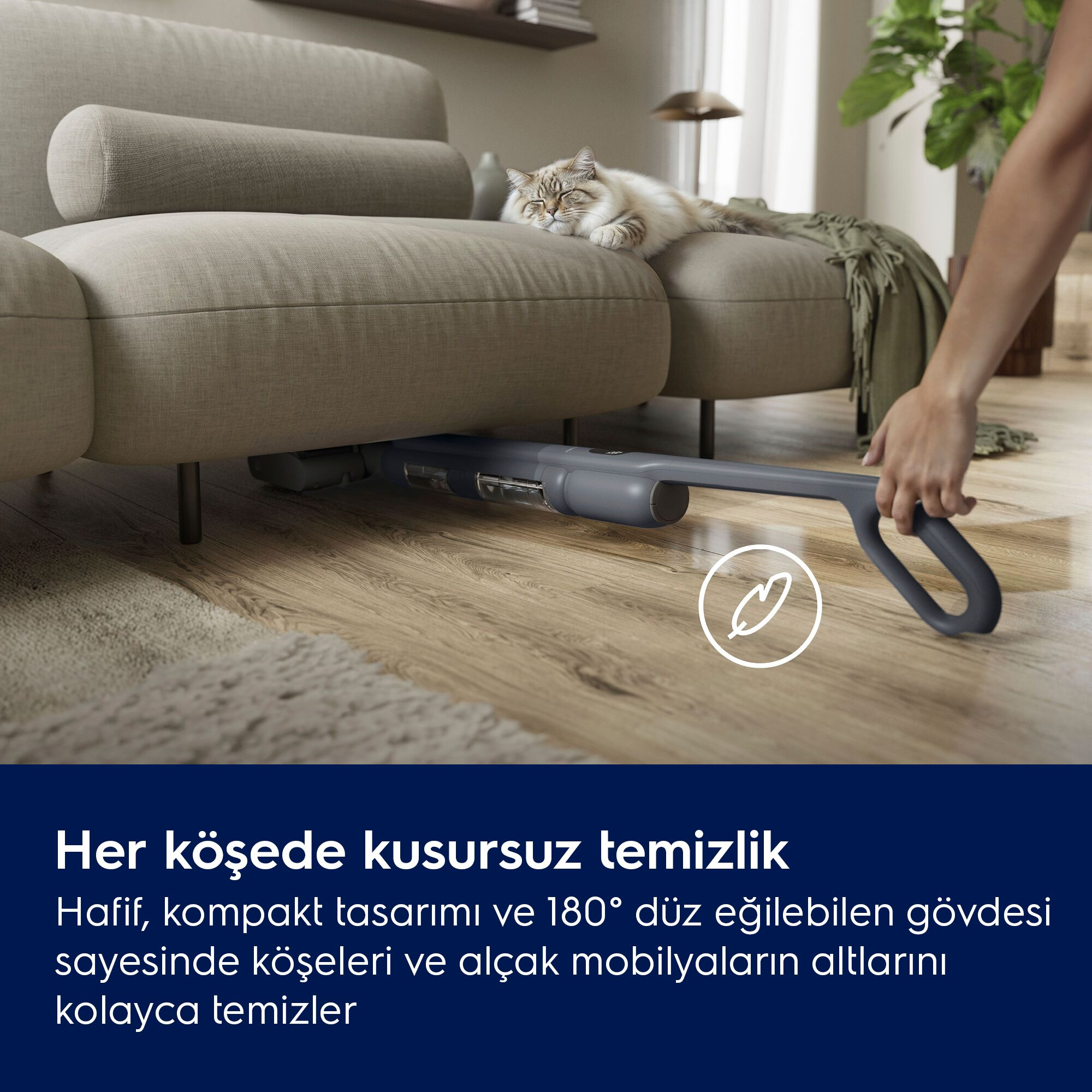 Bir kişi, üzerinde bir kedinin uyuduğu kanepenin altında kompakt bir elektrikli süpürge kullanıyor.