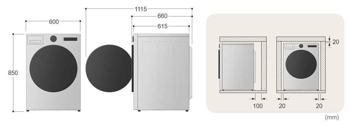 Diagramm zeigt die Abmessungen und den Einbauraum einer Waschmaschine in Millimetern.