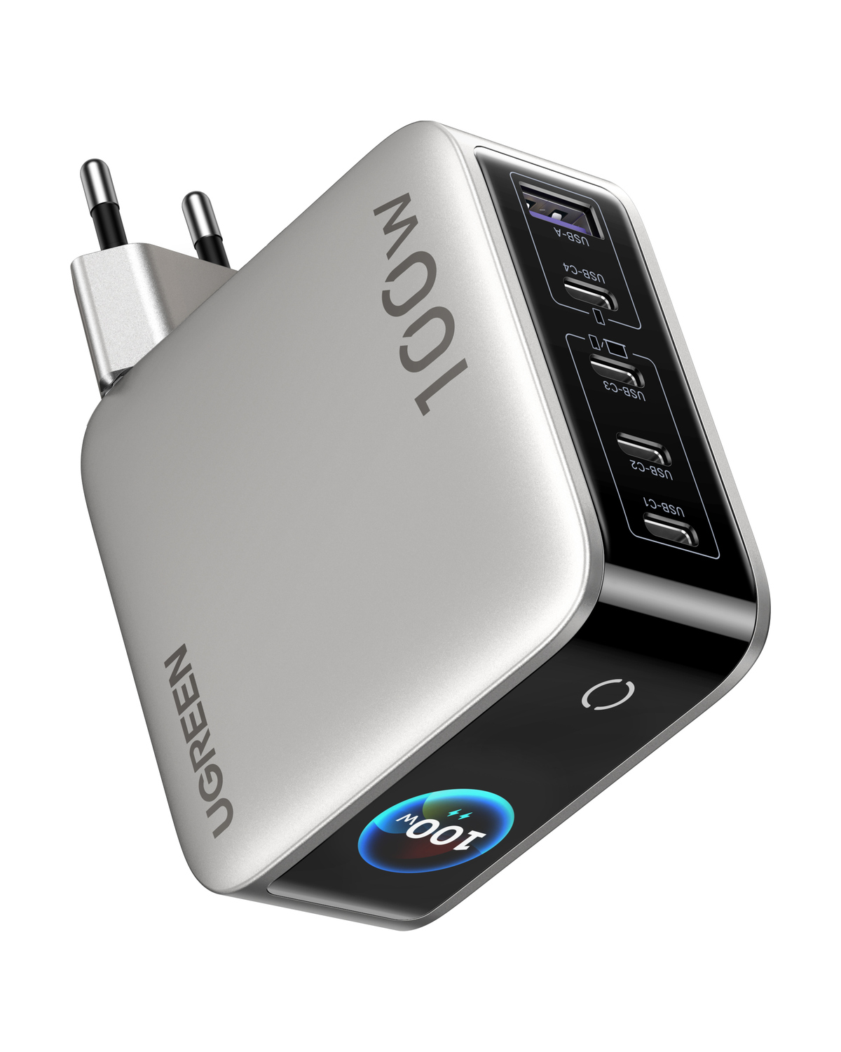 Dört USB bağlantı noktasına ve Avrupa fişine sahip gümüş renkli 100W Ugreen duvar şarj cihazı.