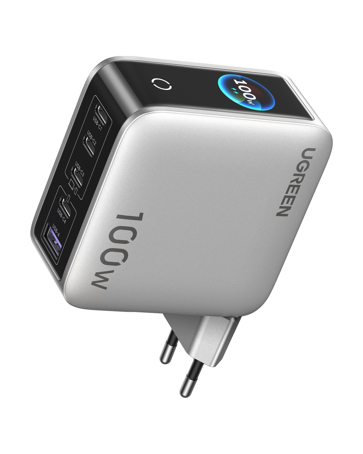 Beyaz arka plan üzerinde LED ekranlı, gümüş renkli Ugreen 100W çok portlu USB şarj cihazı.
