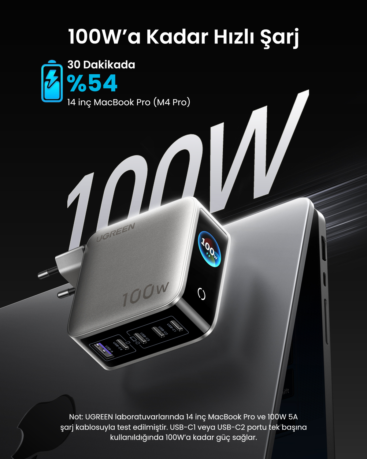 Bir dizüstü bilgisayarın önünde çoklu USB portlu gri UGREEN 100W şarj cihazı.