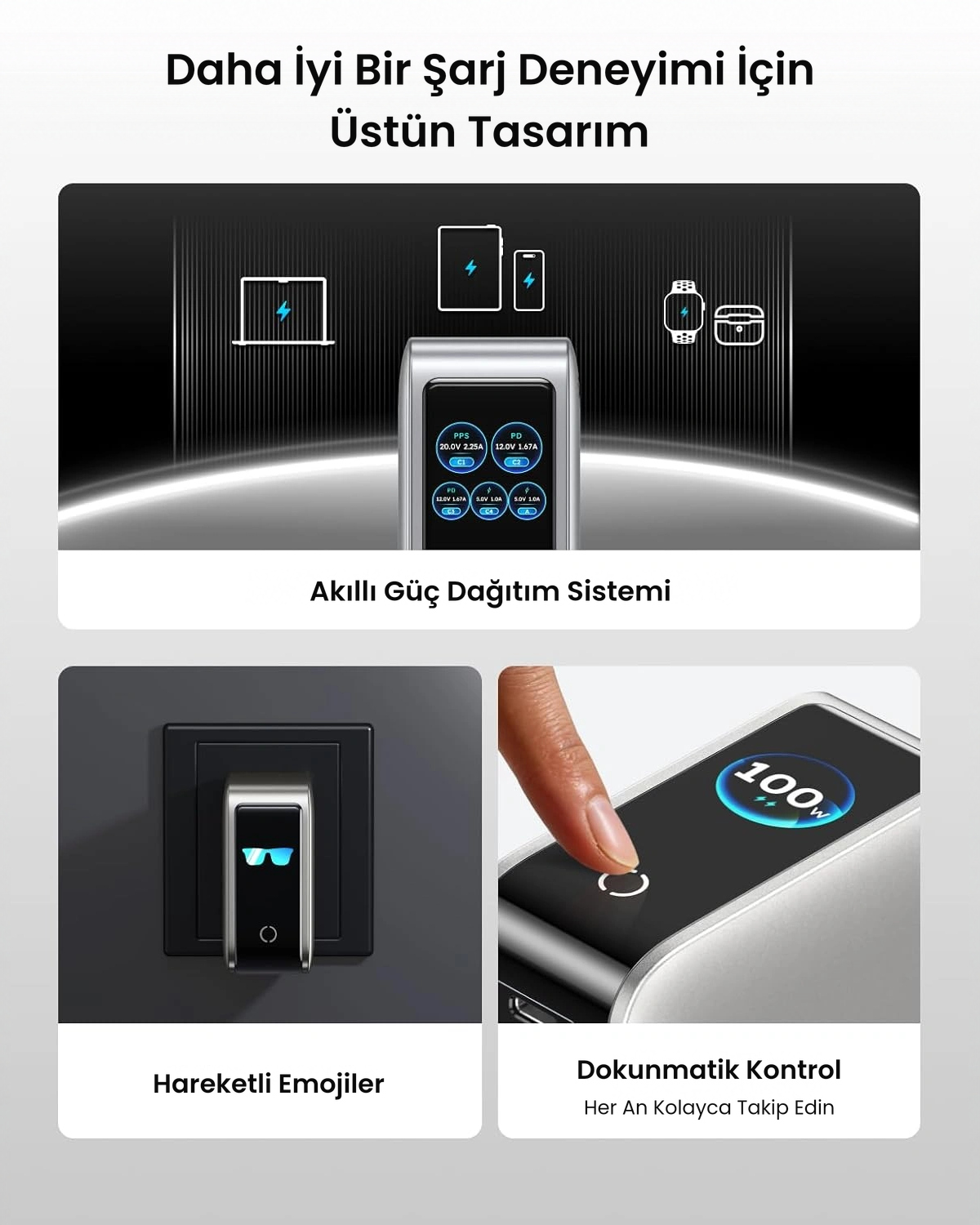 Dijital ekran, emoji göstergesi ve dokunmatik kontrole sahip çoklu USB şarj cihazı tanıtım görseli.