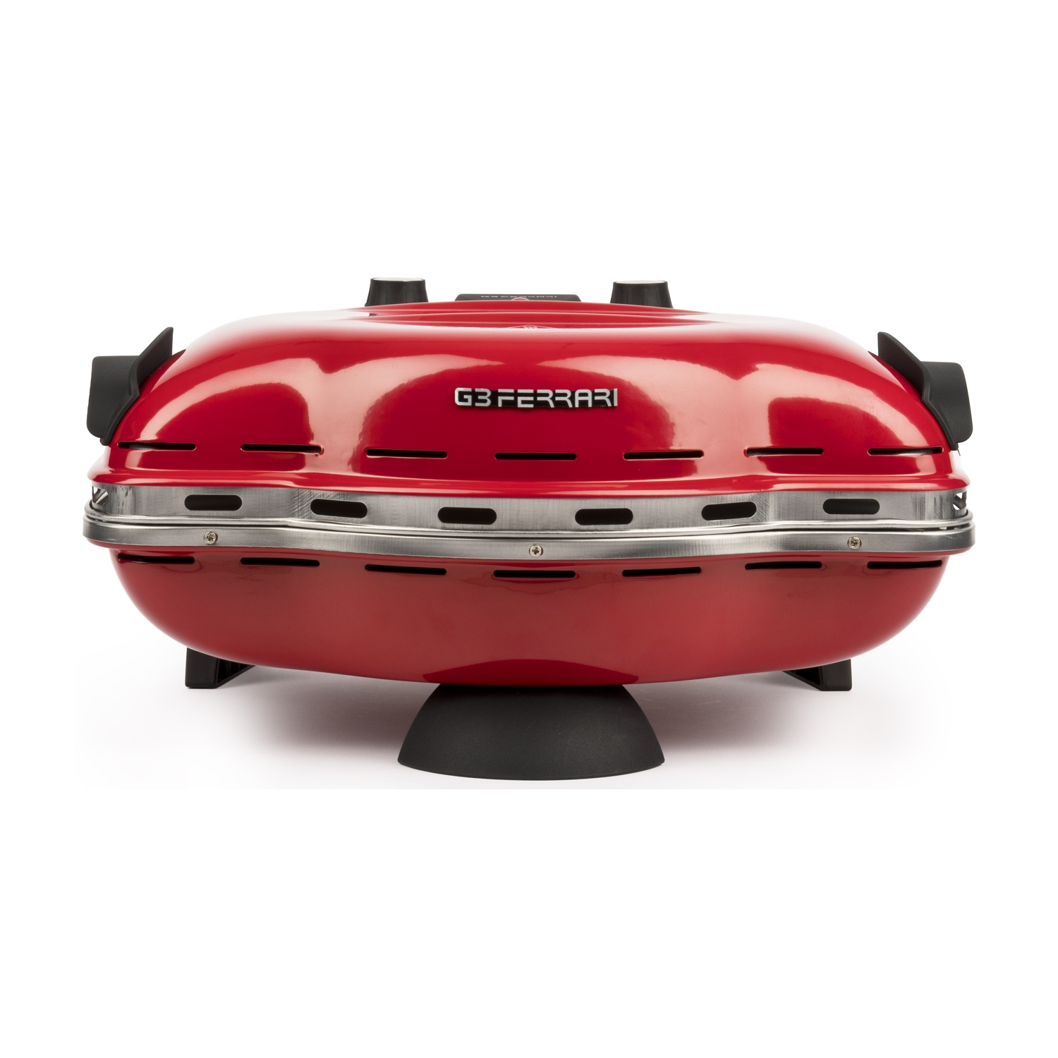 Un grill elettrico rosso G3 Ferrari con feritoie di ventilazione su fondo bianco.