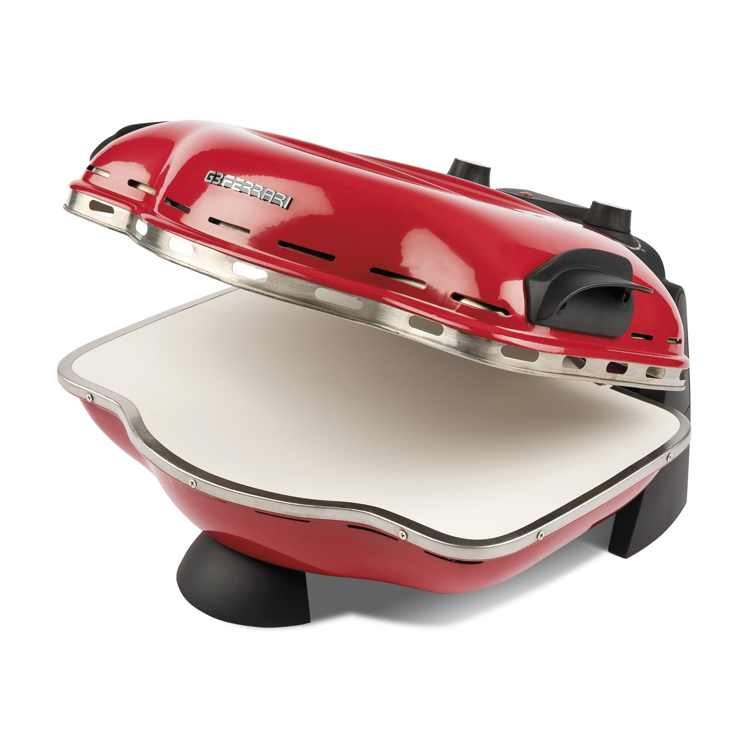 Un forno per pizza elettrico rosso con coperchio aperto e pietra refrattaria chiara su sfondo bianco.