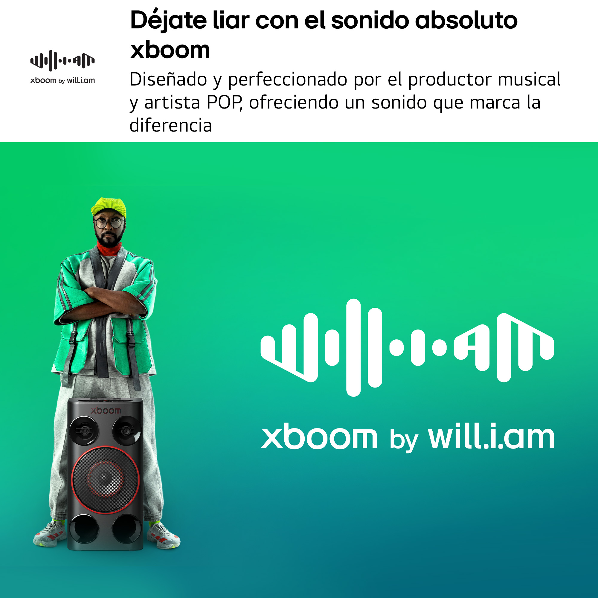 Déjate liar con el sonido absoluto xboom Diseñado y perfeccionado por el productor musical y artista POP, ofreciendo un sonido que marca la diferencia