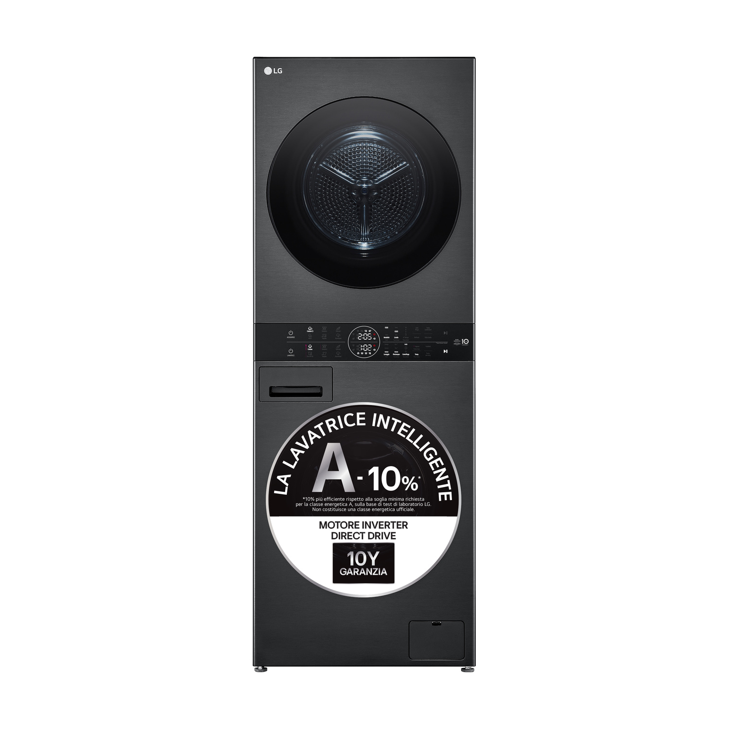 LG WashTower WT1210BBF LAVASCIUGA, Caricamento frontale, capacità lavaggio 12 kg, capacità asciugatura 10 kg, 10 programmi, Profondità 66 cm, Giri 1400 rpm, Platinum Black, Classe A