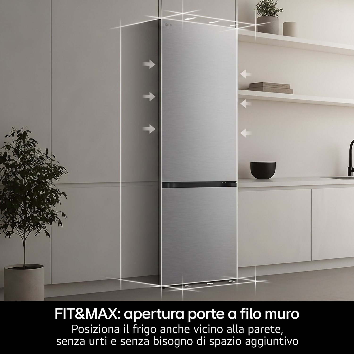FRIGORIFERO COMBINATO LG GBBSJ20EPY Fit & Max, Capacità netta totale 375 l, Rumorosità: 35 dB(A), LAN wireless, 4 ripiani, Dimensioni: L 59,7 cm A 203 cm P 67,4 cm, Prime Silver, Classe E
