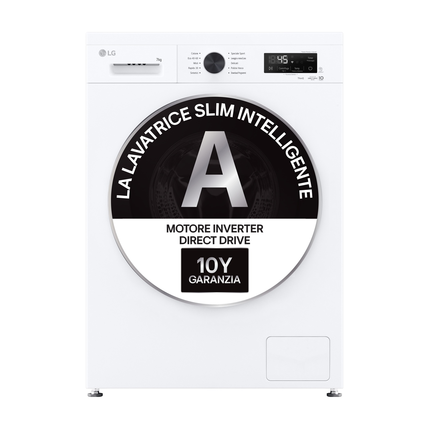 LG F2NX10S7NLK LAVATRICE SLIM, Caricamento frontale, 7 kg, 9 programmi, Profondità 44 cm, Giri 1200 rpm, White, livello rumorosità centrifuga 75 dB(A), Classe A