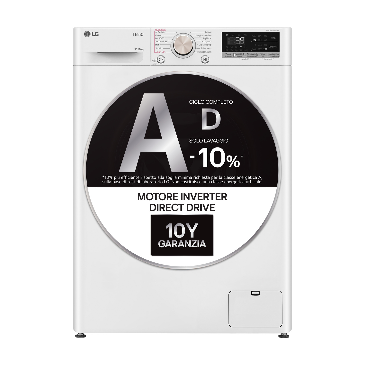 LG AI DD D4R7011TSWG LAVASCIUGA, Caricamento frontale, capacità lavaggio 11 kg, capacità asciugatura 6 kg, 13 programmi, Profondità 56,5 cm, Giri 1400 rpm, Bianca, Classe D