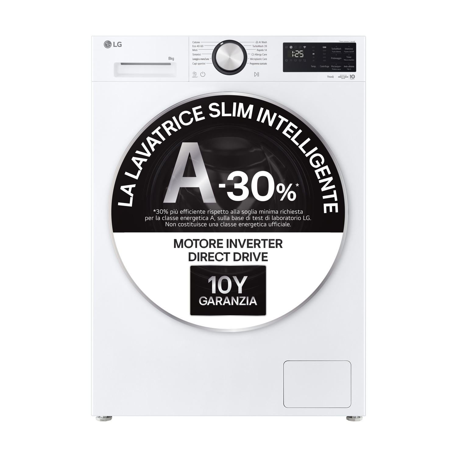 LG F2NX50S8TLC LAVATRICE SLIM, Caricamento frontale, 8 kg, 12 programmi, Profondità 47,5 cm, Giri 1200 rpm, Bianco, livello rumorosità centrifuga 71 dB(A), Classe A