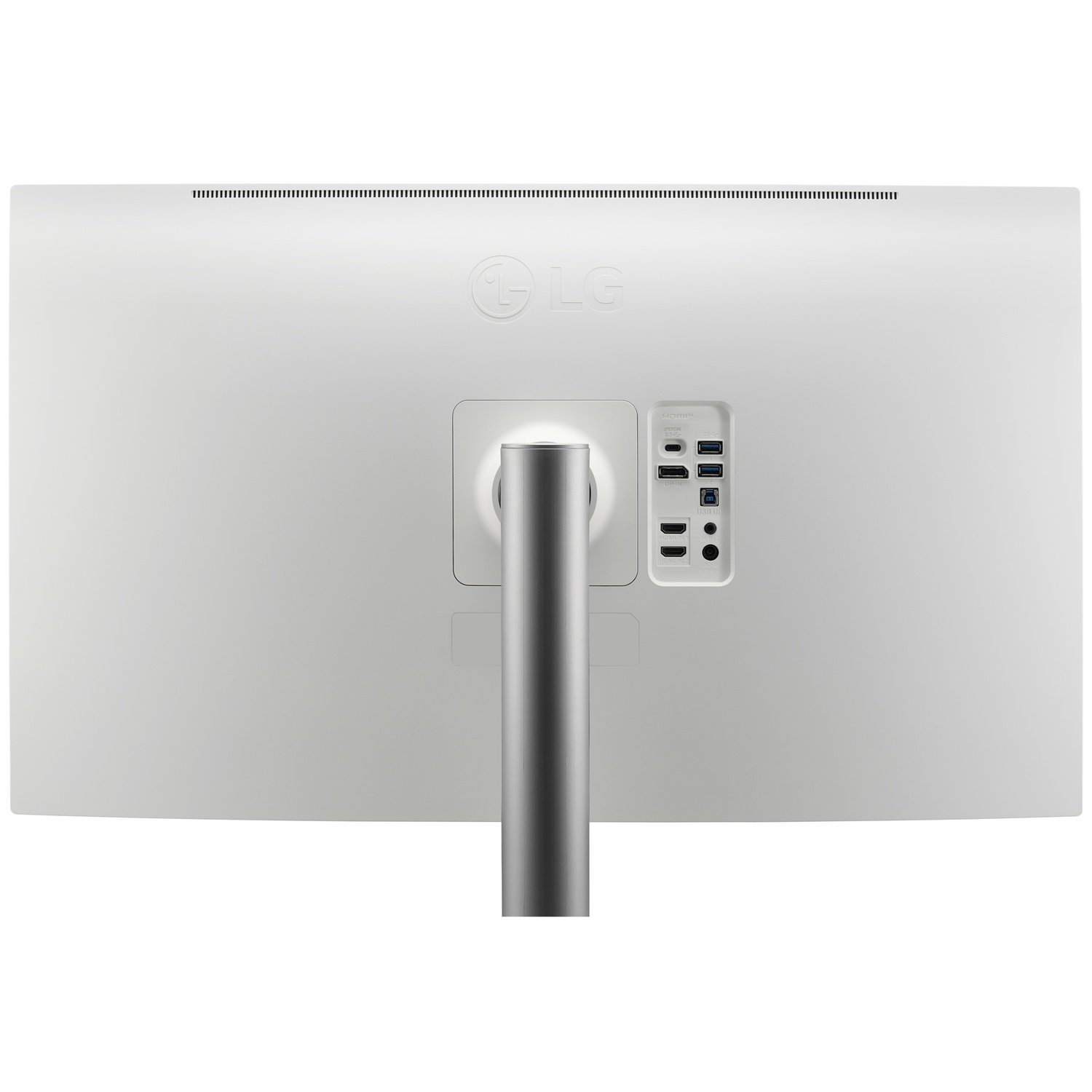 Back of a white LG monitor with a silver stand and visible ports.