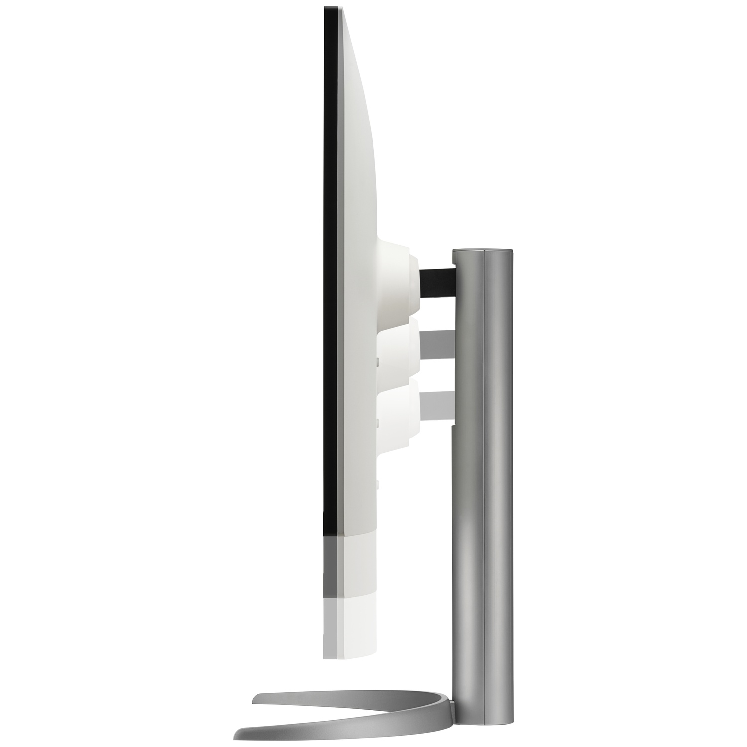 Side view of a monitor with a white casing on a silver stand.