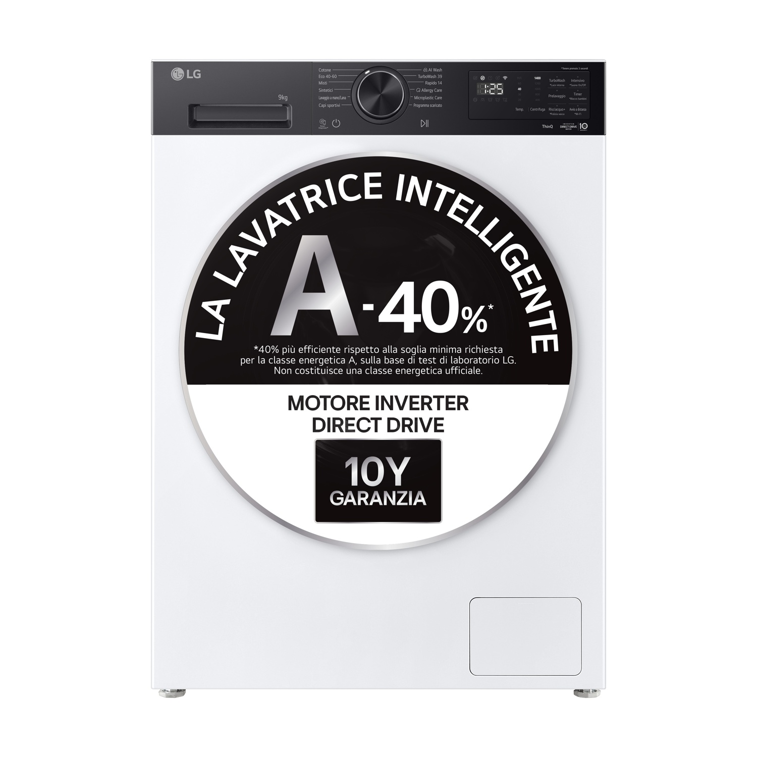 LG F4NX5009TKB LAVATRICE, Caricamento frontale, 9 kg, 12 programmi, Profondità 56,5 cm, Giri 1400 rpm, Bianco + pannello nero, livello rumorosità centrifuga 71 dB(A), Classe A