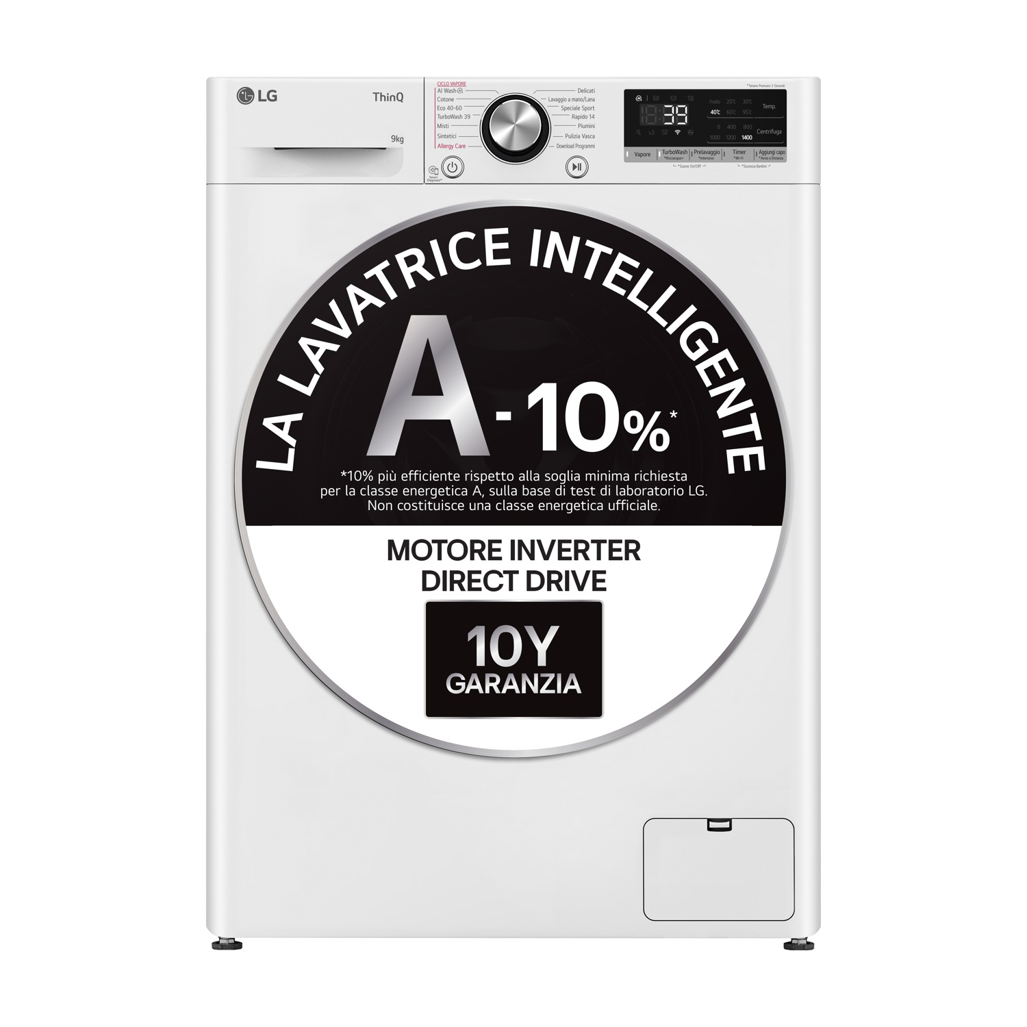 LG AI DD F4R7009TSWB LAVATRICE, Caricamento frontale, 9 kg, 14 programmi, Profondità 56,5 cm, Giri 1400 rpm, Bianca, livello rumorosità centrifuga 71 dB(A), Classe A