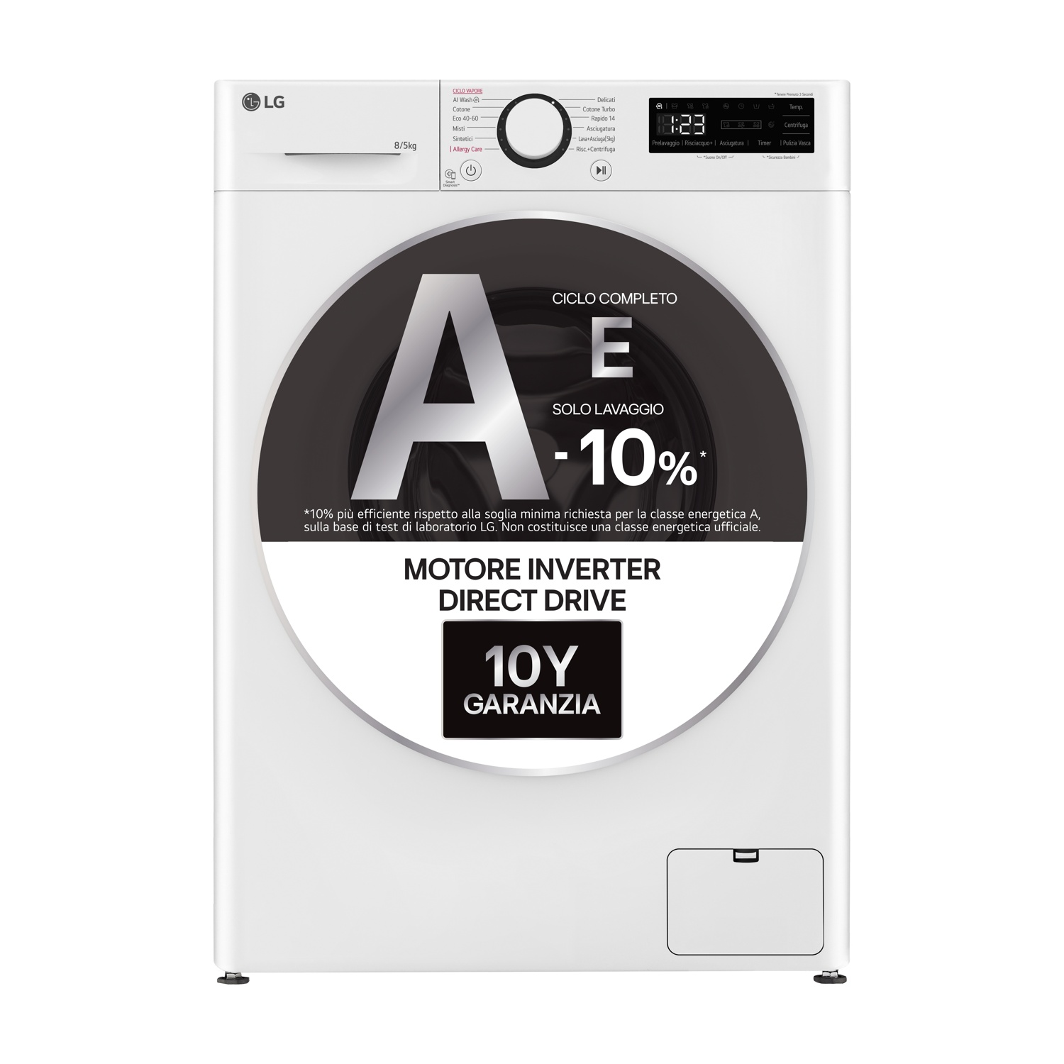 LG D2R3S08NSWW LAVASCIUGA, Caricamento frontale, capacità lavaggio 8 kg, capacità asciugatura 5 kg, 12 programmi, Profondità 47,5 cm, Giri 1200 rpm, Bianca, Classe E