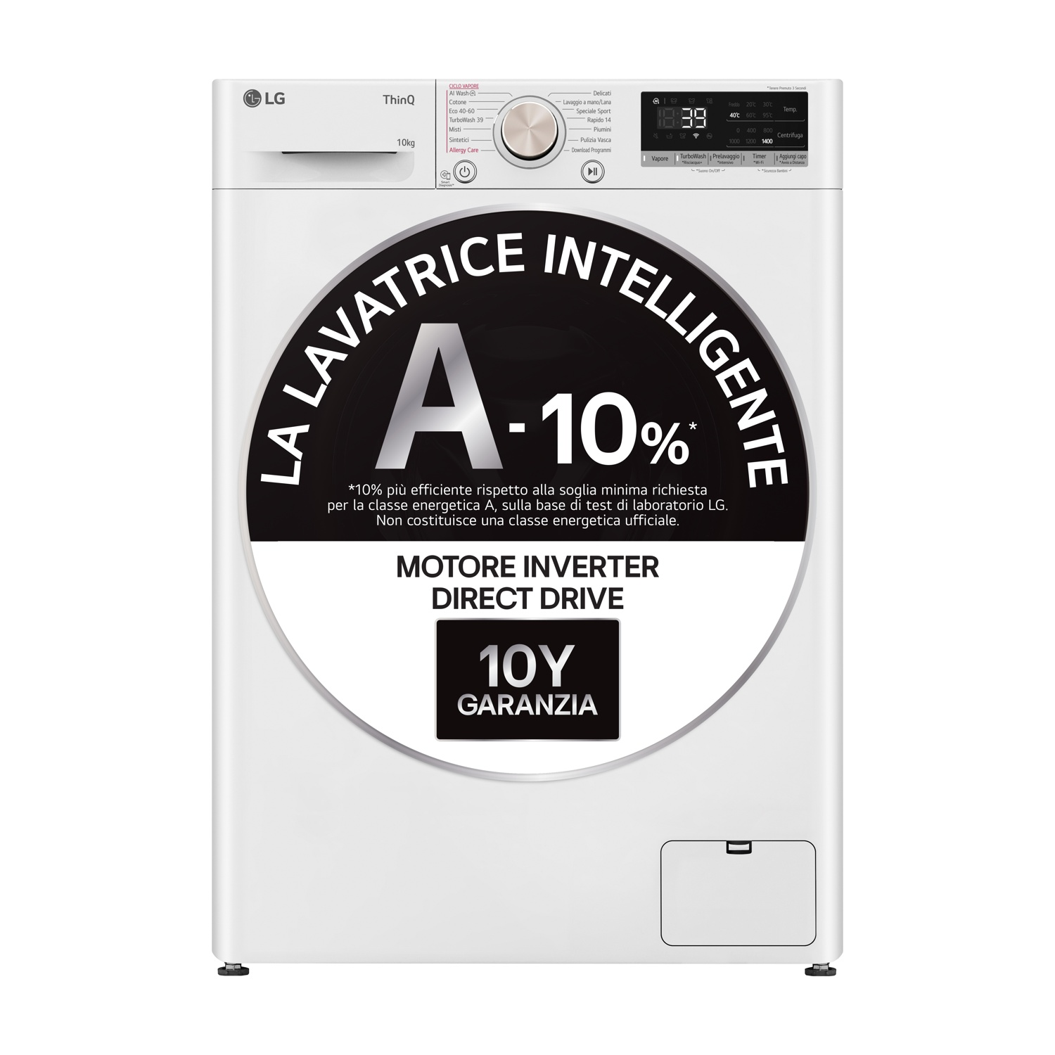 LG AI DD F4R7010TSWG LAVATRICE, Caricamento frontale, 10 kg, 14 programmi, Profondità 56,5 cm, Giri 1400 rpm, Bianca, livello rumorosità centrifuga 71 dB(A), Classe A