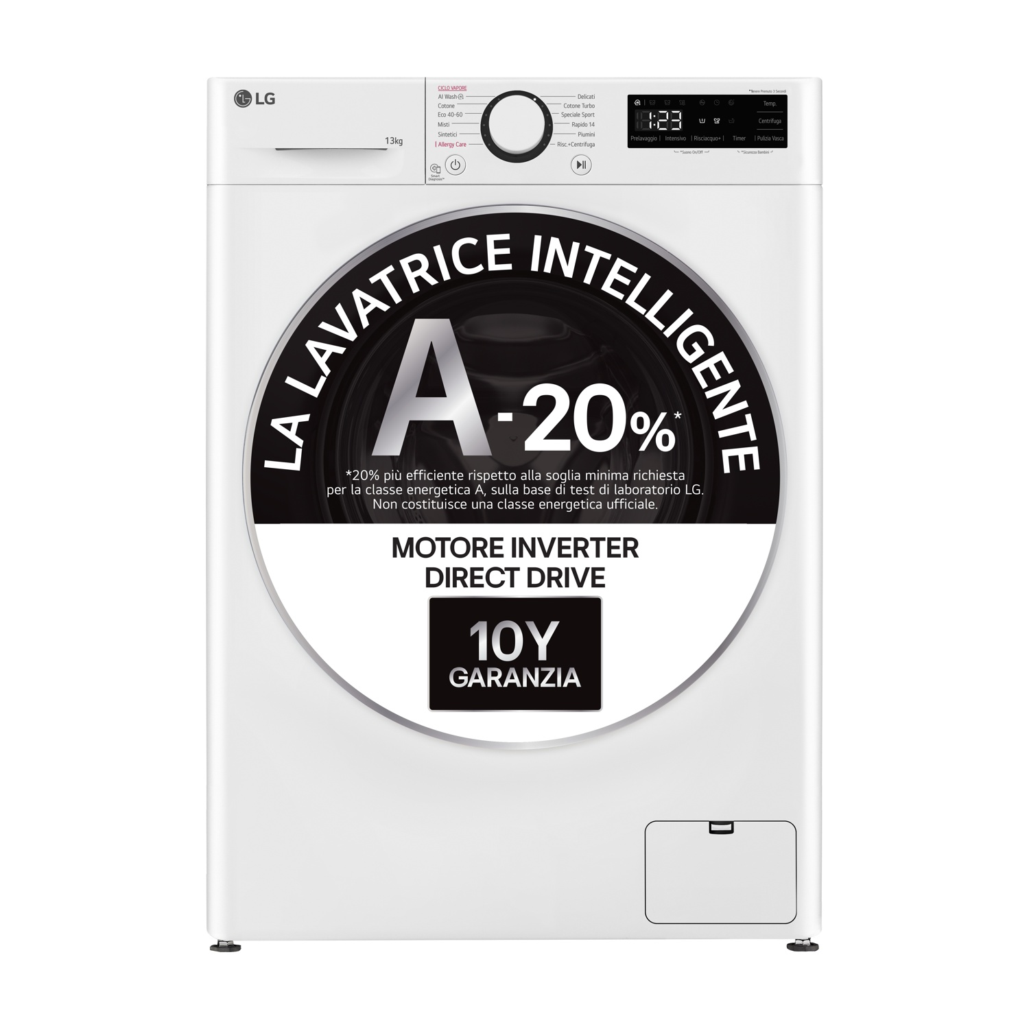 LG AI DD F4R3013NSWB LAVATRICE, Caricamento frontale, 13 kg, 12 programmi, Profondità 61,5 cm, Giri 1400 rpm, Bianca, livello rumorosità centrifuga 72 dB(A), Classe A