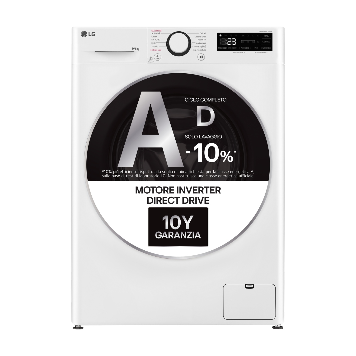 LG AI DD D4R3009NSWB LAVASCIUGA, Caricamento frontale, capacità lavaggio 9 kg, capacità asciugatura 6 kg, 12 programmi, Profondità 56,5 cm, Giri 1400 rpm, Bianca, Classe D