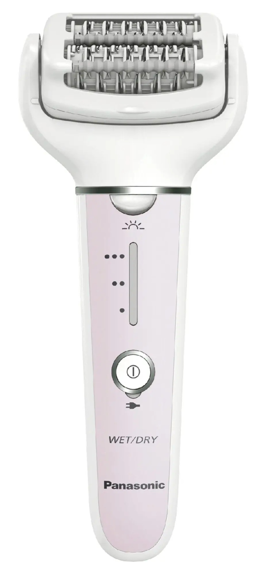 Biało-różowy depilator Panasonic wet/dry z podwójną głowicą pęsetową i wskaźnikiem prędkości na białym tle.