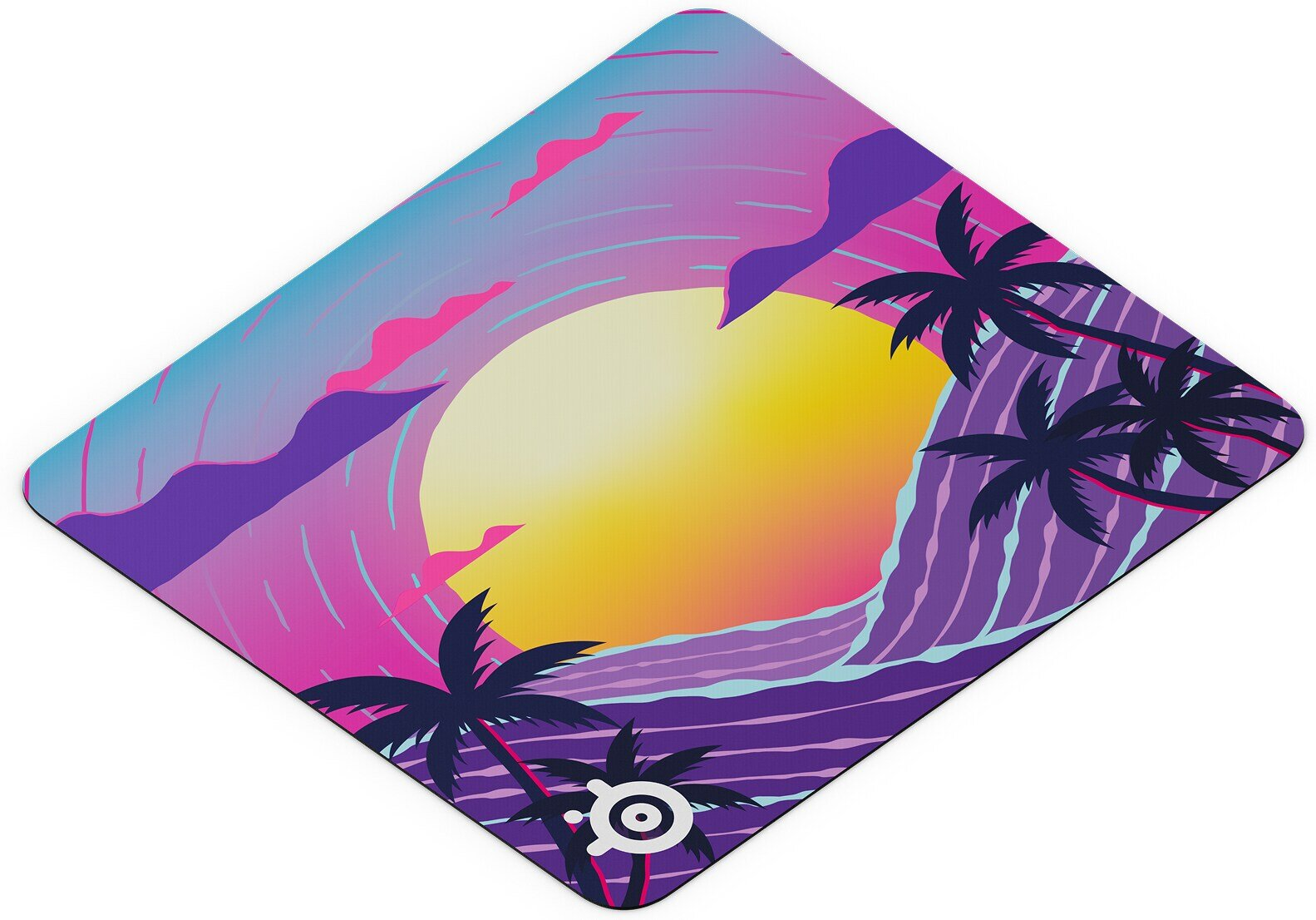Projekt synthwave z żółtym słońcem, palmami i fioletowymi falami na kwadratowej podkładce.
