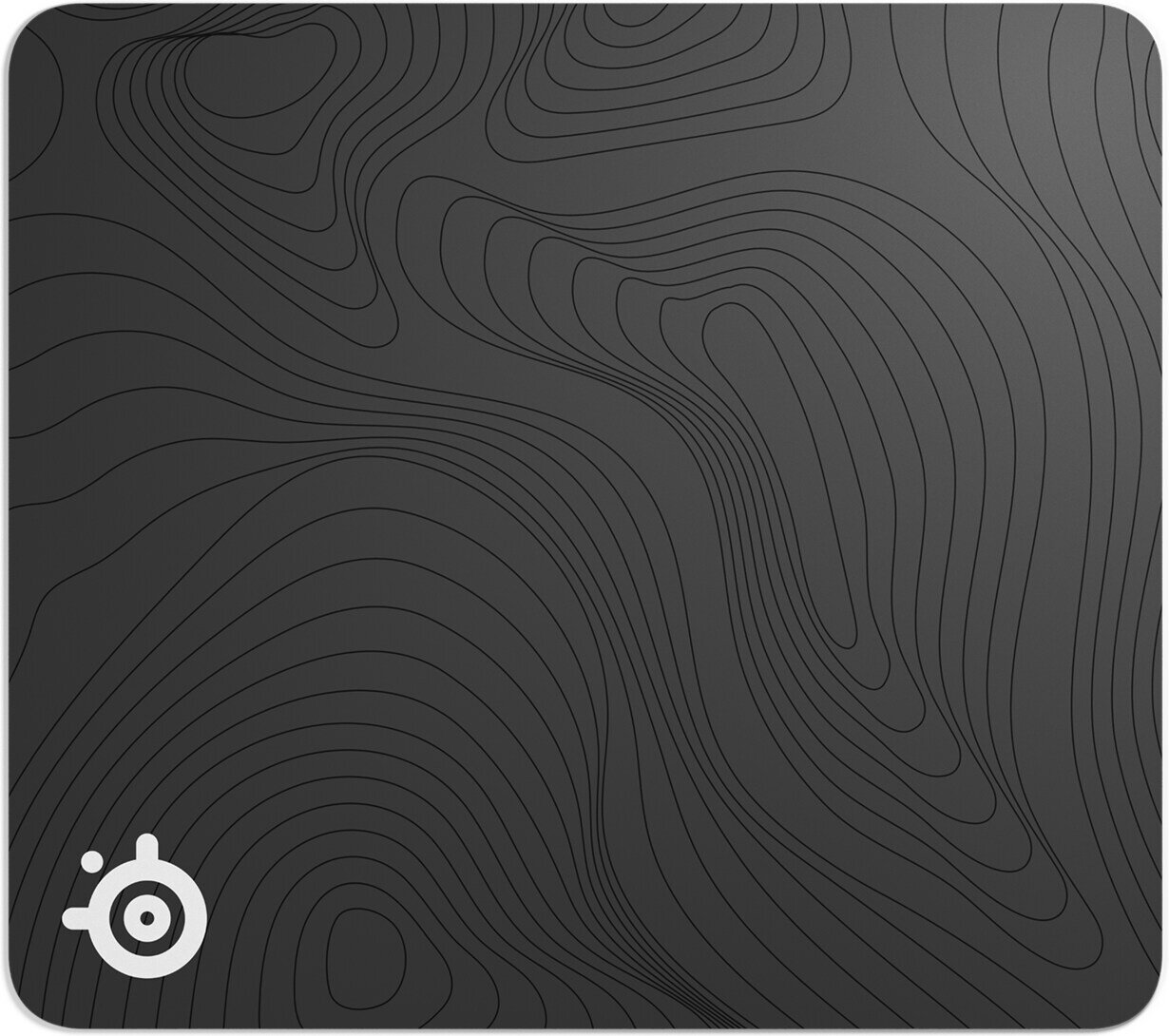 Ciemnoszara podkładka z czarnymi liniami topograficznymi i białym logo SteelSeries.