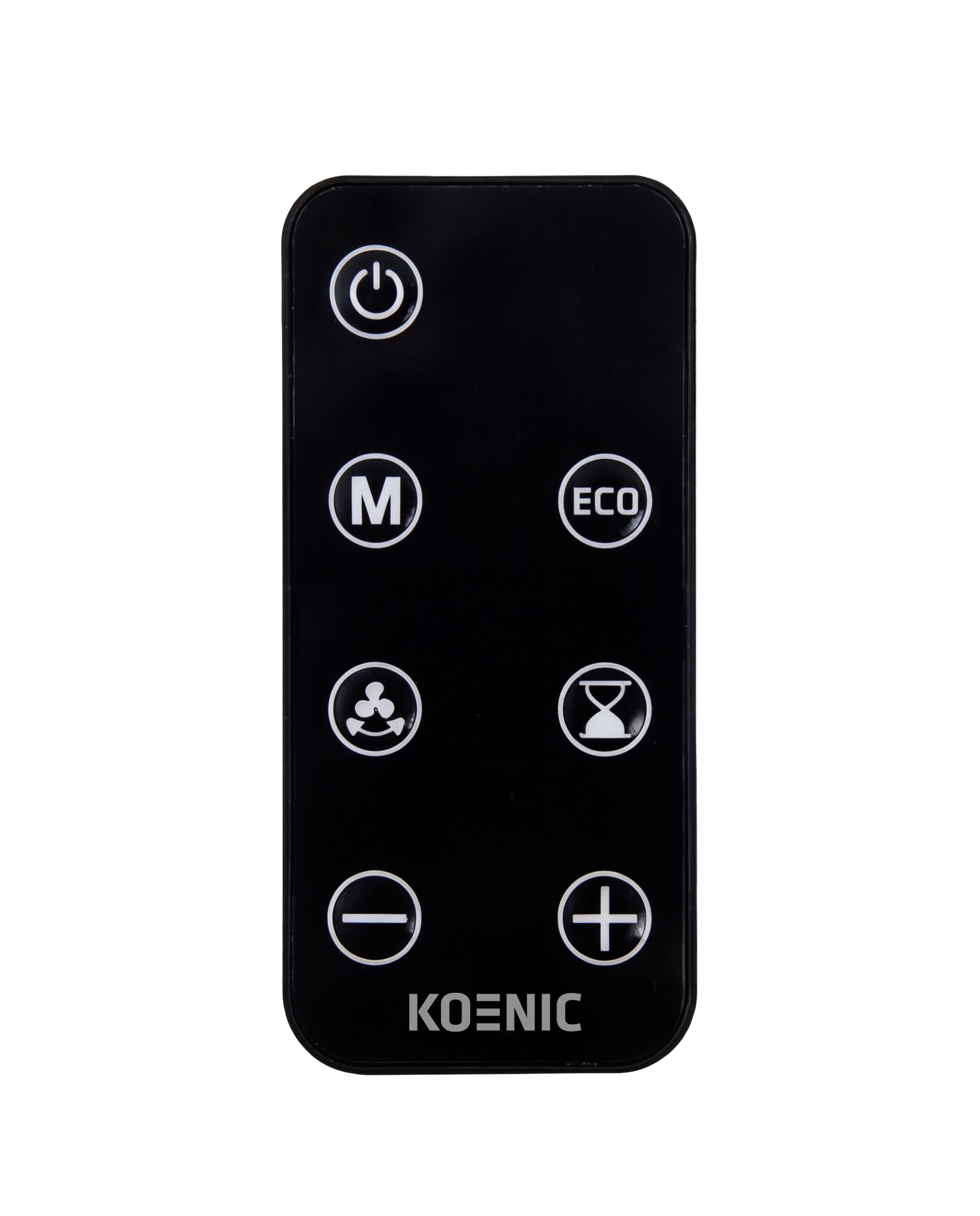 Schwarze Koenic Fernbedienung mit weißen Tasten für Ein, Modus, Eco, Lüfter, Timer, Minus und Plus auf schwarzem Grund.